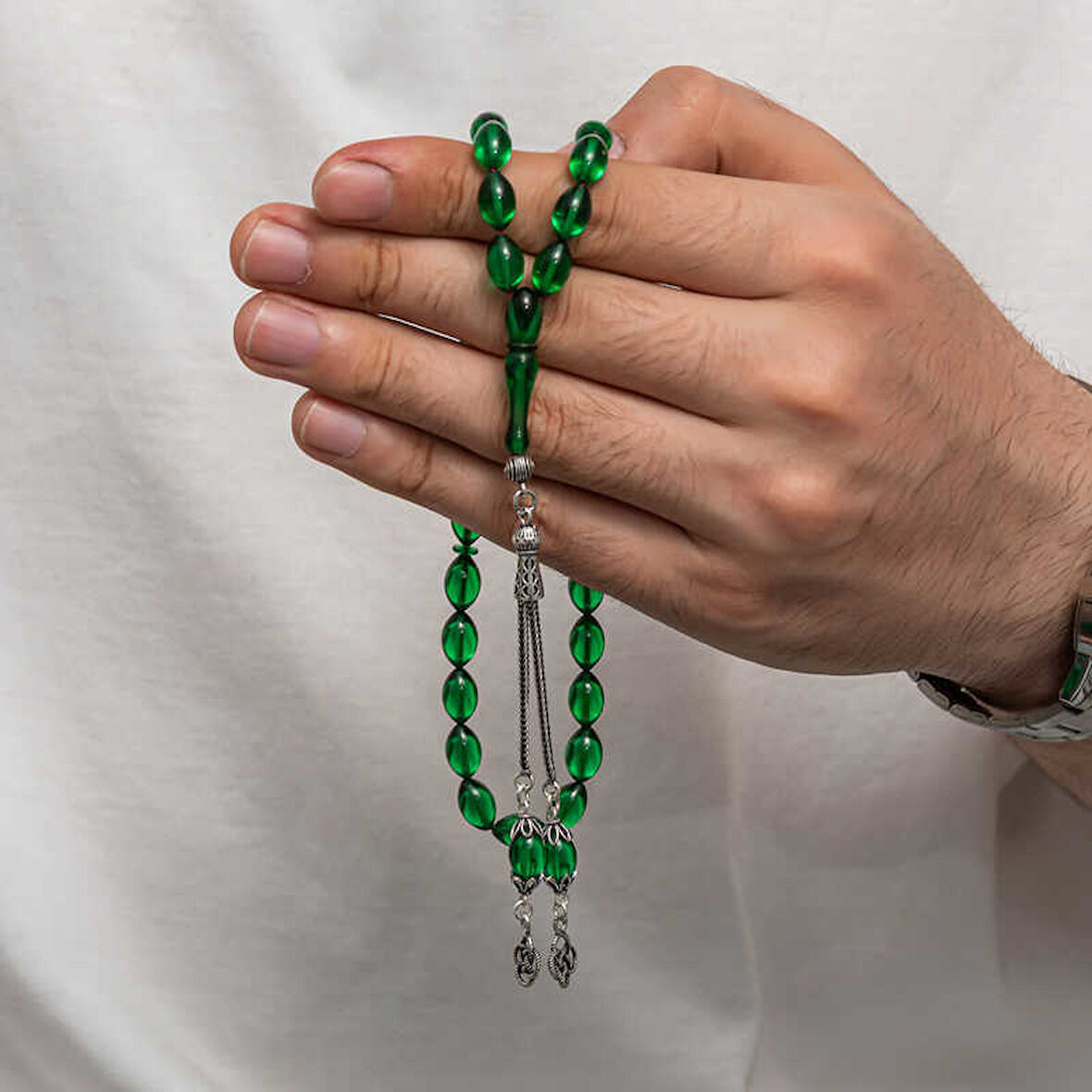 BlackCraft Gümüş Püsküllü Sıkma Kehribar Tesbih (BC-AD5C38)