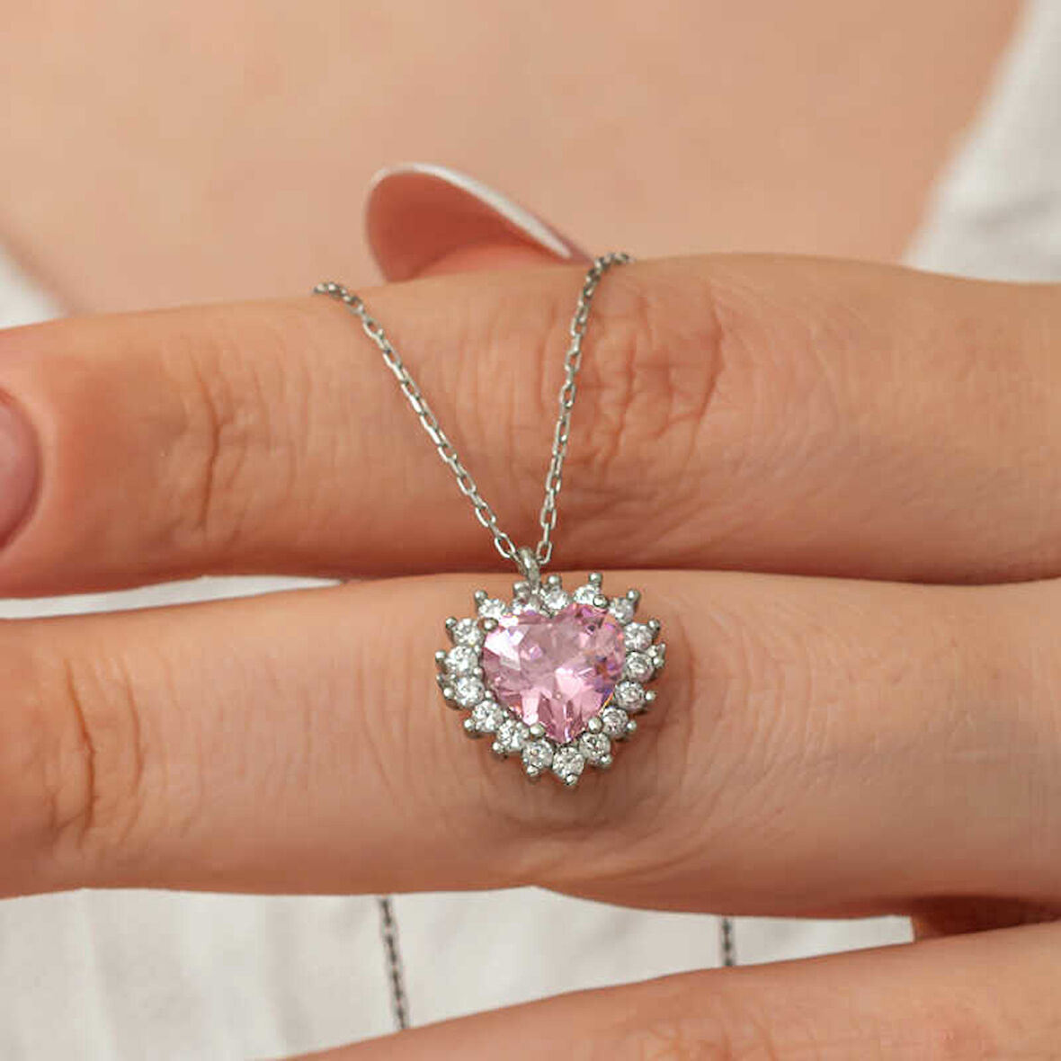 BlackCraft Gümüş Pembe Taşlı Kalp Kadın Kolye (BC-3DAFA7)