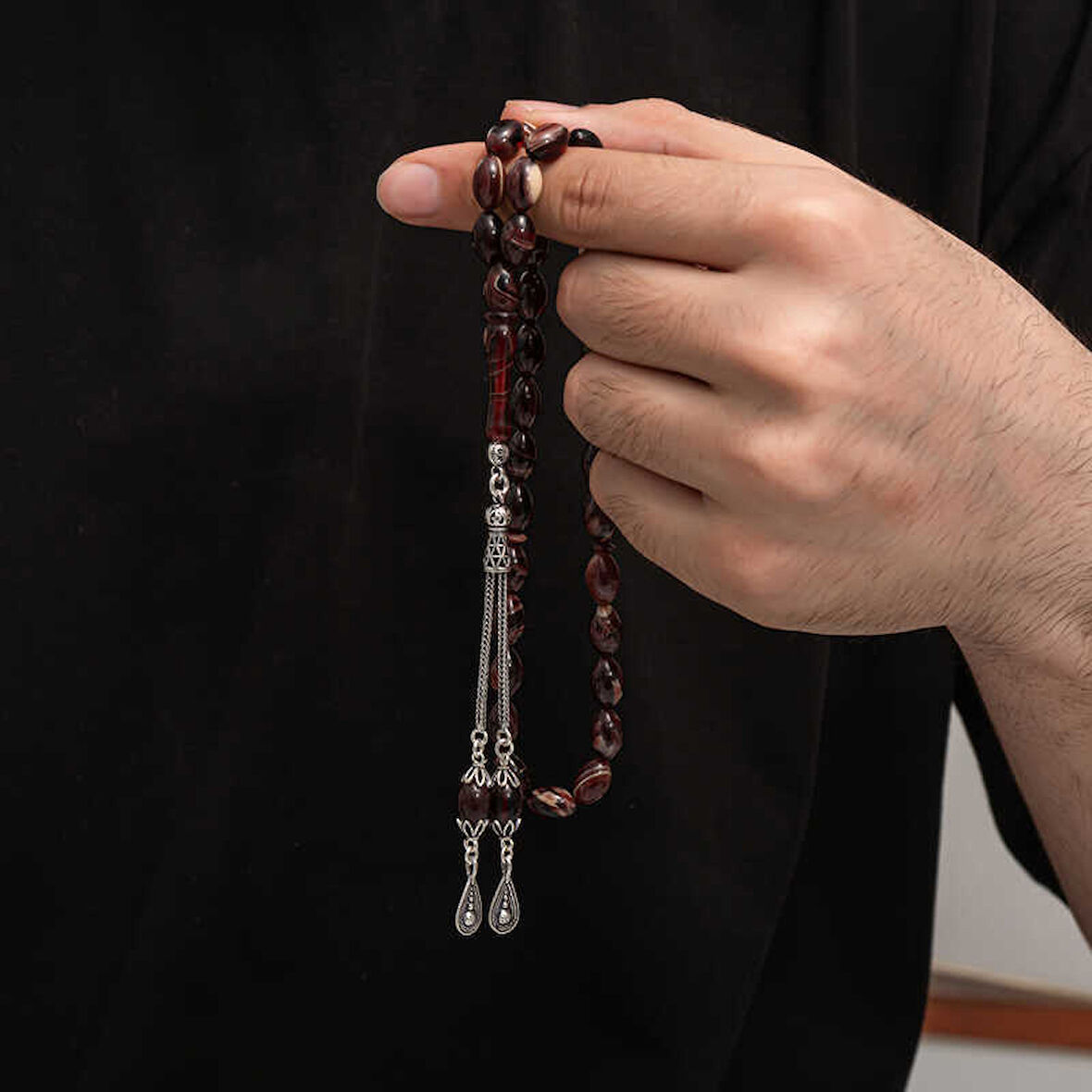 BlackCraft Gümüş Püskül Sıkma Kehribar Tesbih (BC-2EE3B4)