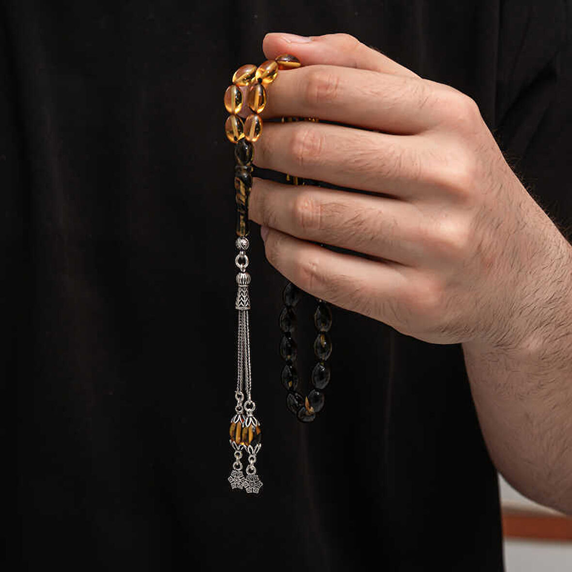 BlackCraft Gümüş Püskül Sıkma Kehribar Tesbih (BC-2EE3B4)