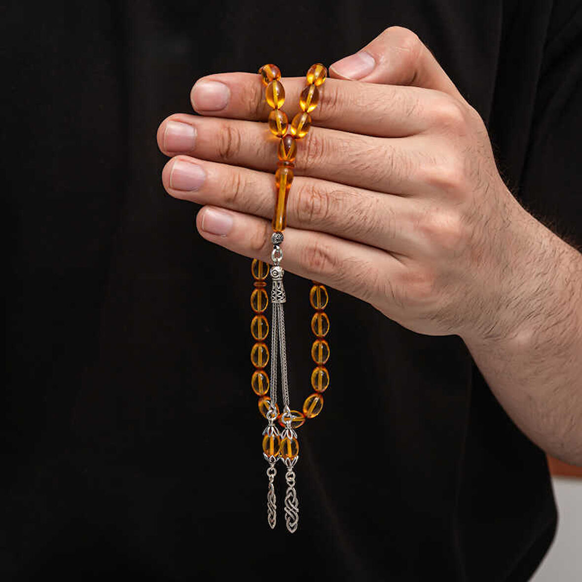 BlackCraft Gümüş Püskül Sıkma Kehribar Tesbih (BC-2EE3B4)