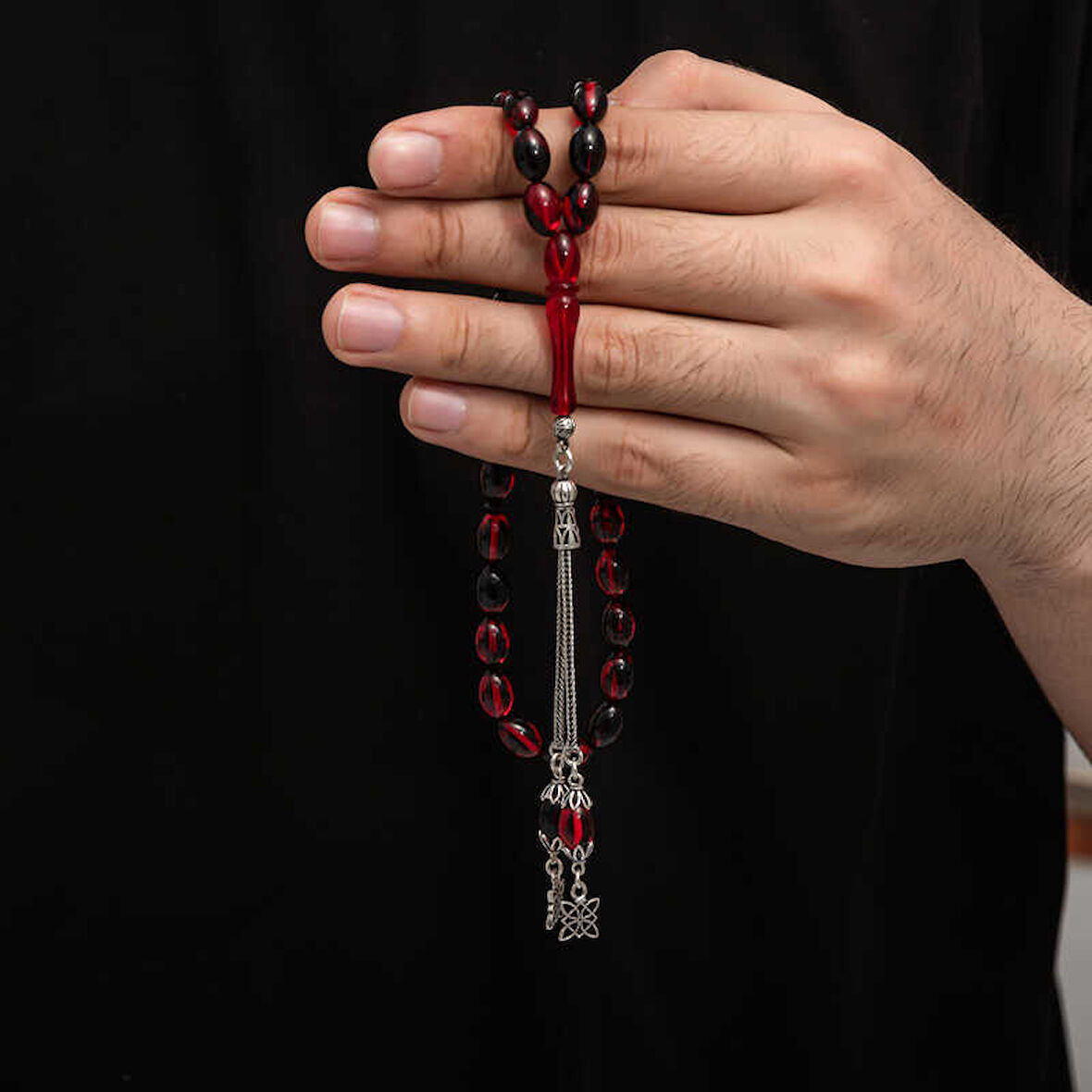 BlackCraft Gümüş Püskül Sıkma Kehribar Tesbih (BC-2EE3B4)