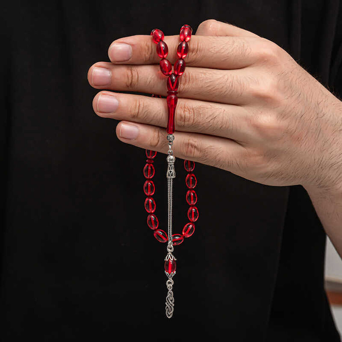 BlackCraft Gümüş Püskül Sıkma Kehribar Tesbih (BC-2EE3B4)