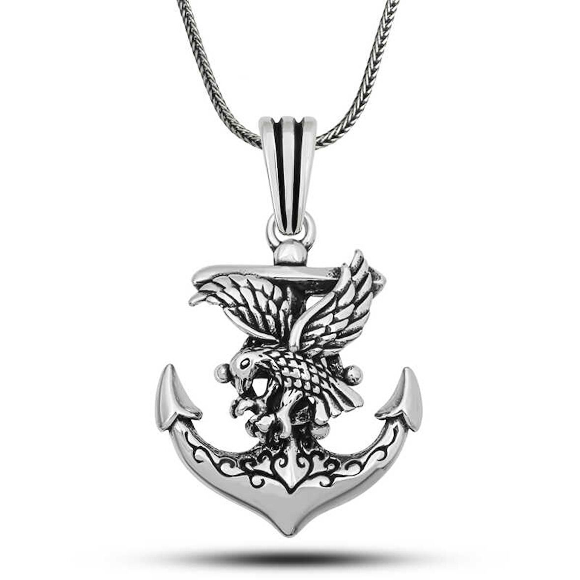 BlackCraft Gümüş Kartal Figürlü Denizci Çapası Kolye (BC-A0CAEF)
