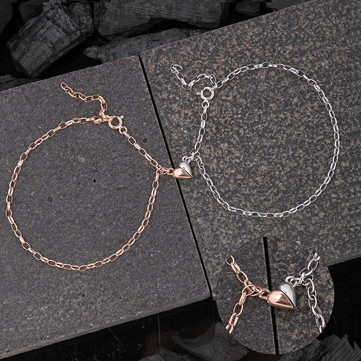 BlackCraft 925 Ayar Gümüş Rodyum Rose Çift Kalpli Aşk Bileklik (BC-E28637)