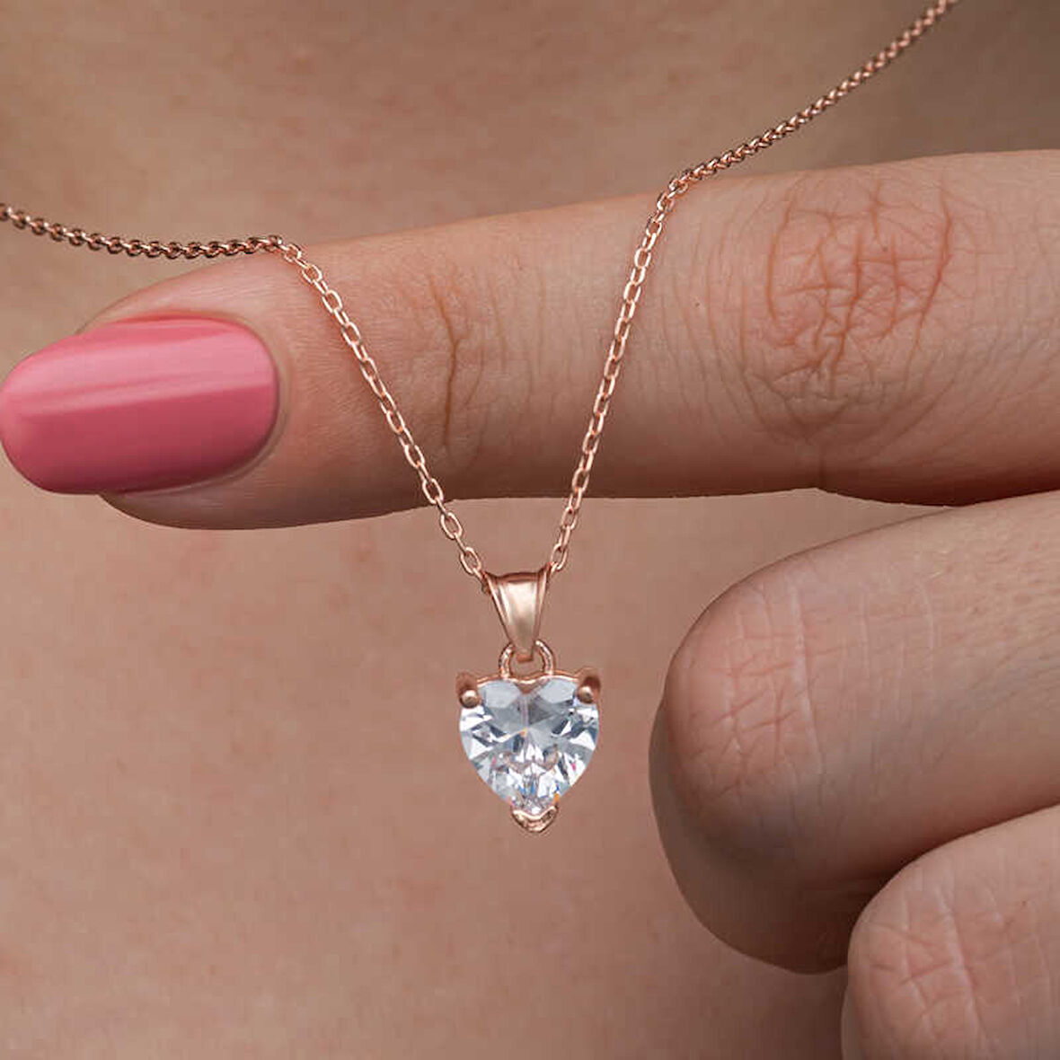 BlackCraft 925 Ayar Gümüş Rose Beyaz Taşlı Kalpli Kadın Kolye (BC-C47E8C)