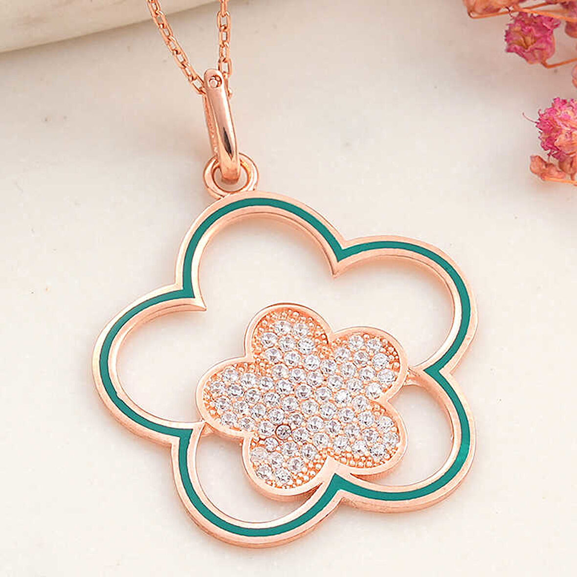 BlackCraft 925 Ayar ​Gümüş Rose Çiçek Desenli Kadın Kolye (BC-179089)