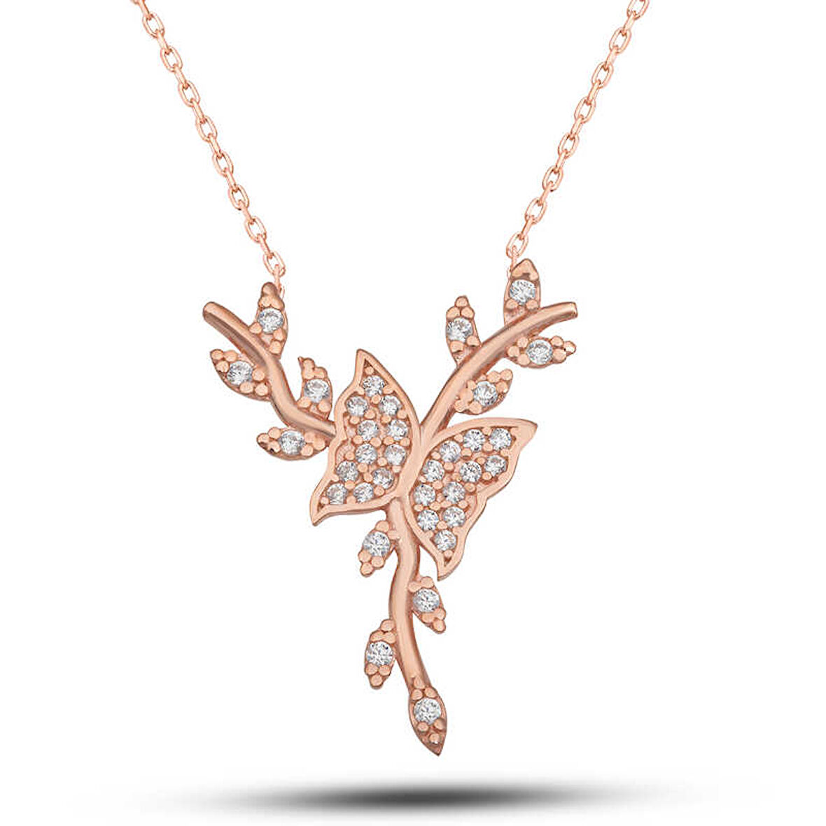 BlackCraft 925 Ayar Gümüş Rose Daldaki Kelebek Kadın Kolye (BC-3D3669)