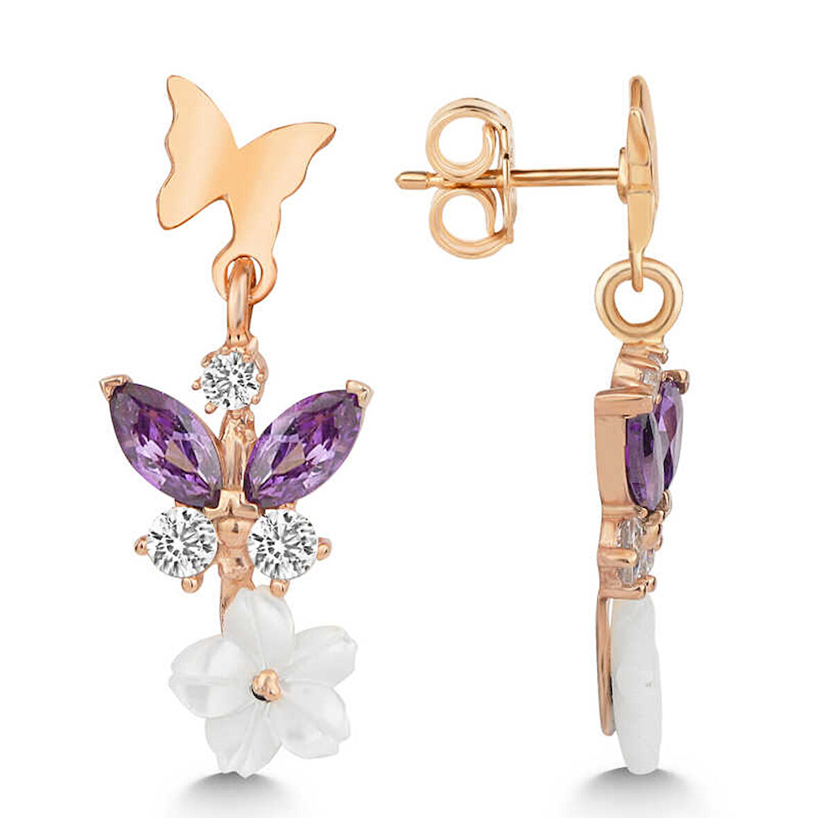 BlackCraft Gümüş Rose Mor Taşlı Sedef Çiçek Çivili Kadın Küpe (BC-2C35A7)