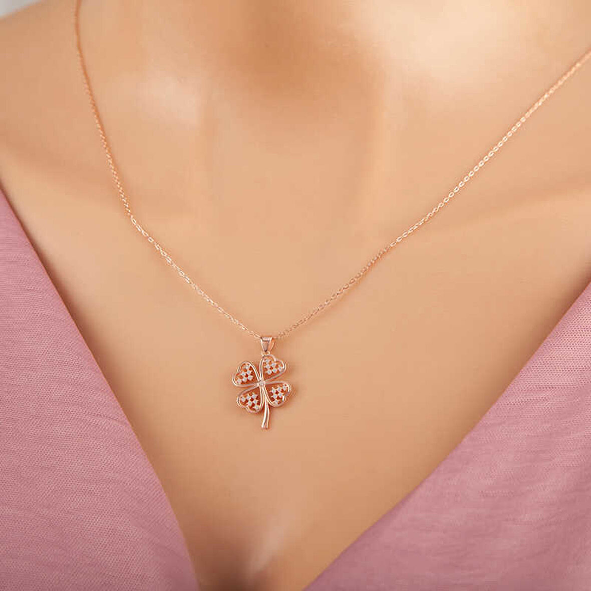 BlackCraft 925 Ayar Gümüş Rose Kalpli Dört Yapraklı Yonca Kadın Kolye (BC-5F3A51)