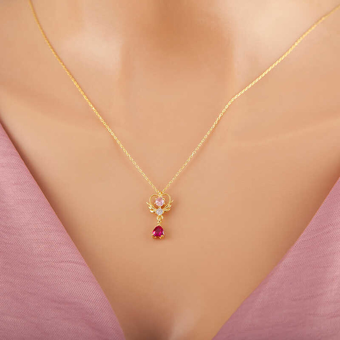 BlackCraft Gümüş Gold Kalpli Tek Taş Kadın Kolye (BC-5F44ED)