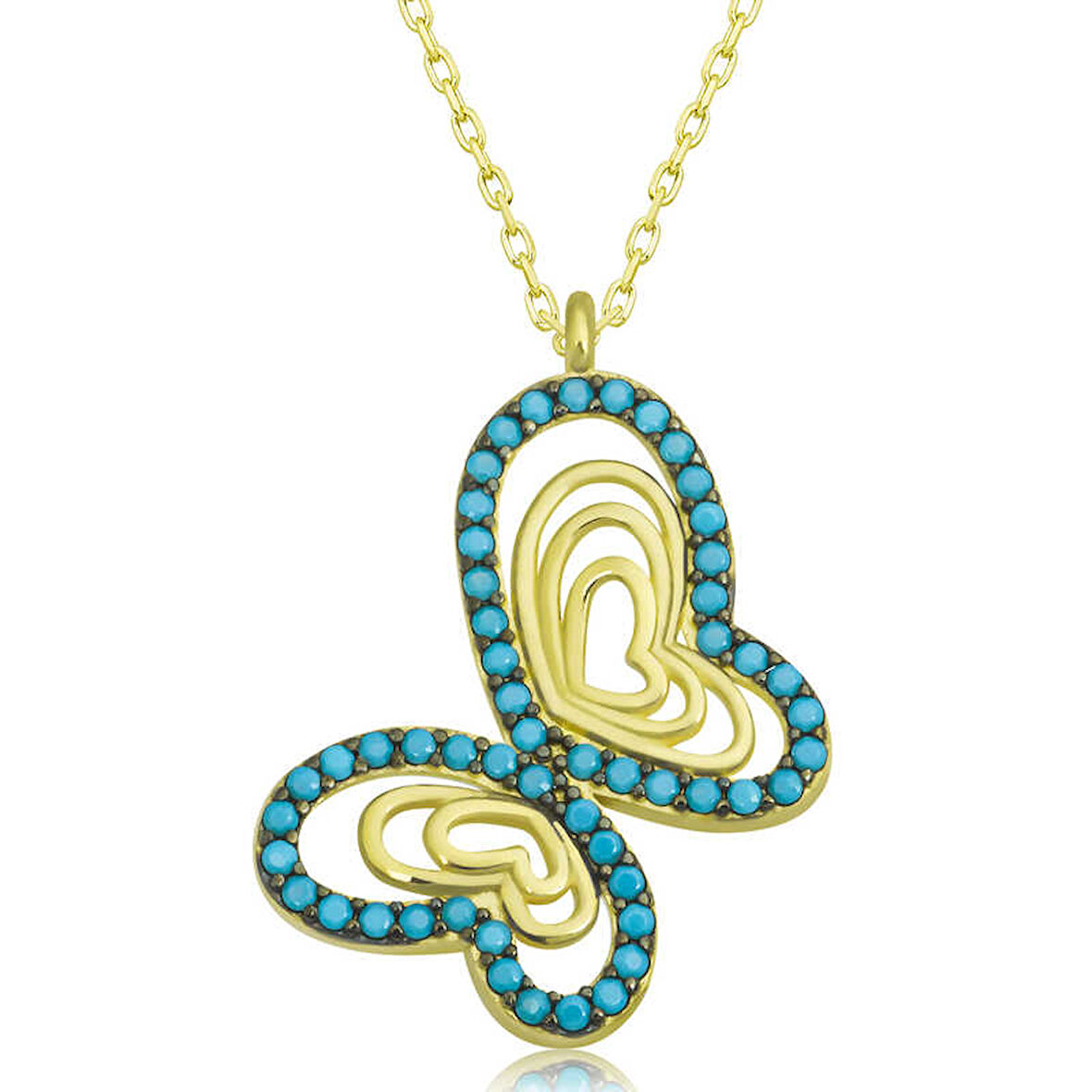 BlackCraft Gümüş Gold Turkuaz Taşlı Kelebek Kadın Kolye (BC-8C5842)