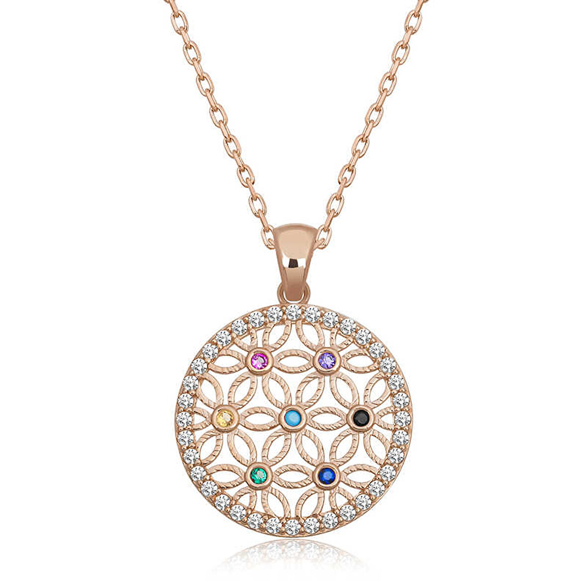 BlackCraft 925 Ayar Gümüş Renkli Taşlı Yaşam Çiçeği Kadın Gümüş Kolye (BC-329F9D)