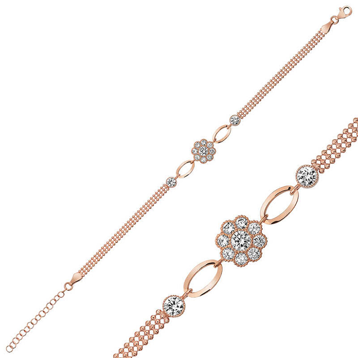 BlackCraft 925 Ayar Gümüş Rose Çiçek Modelli Bileklik (BC-DB83B8)