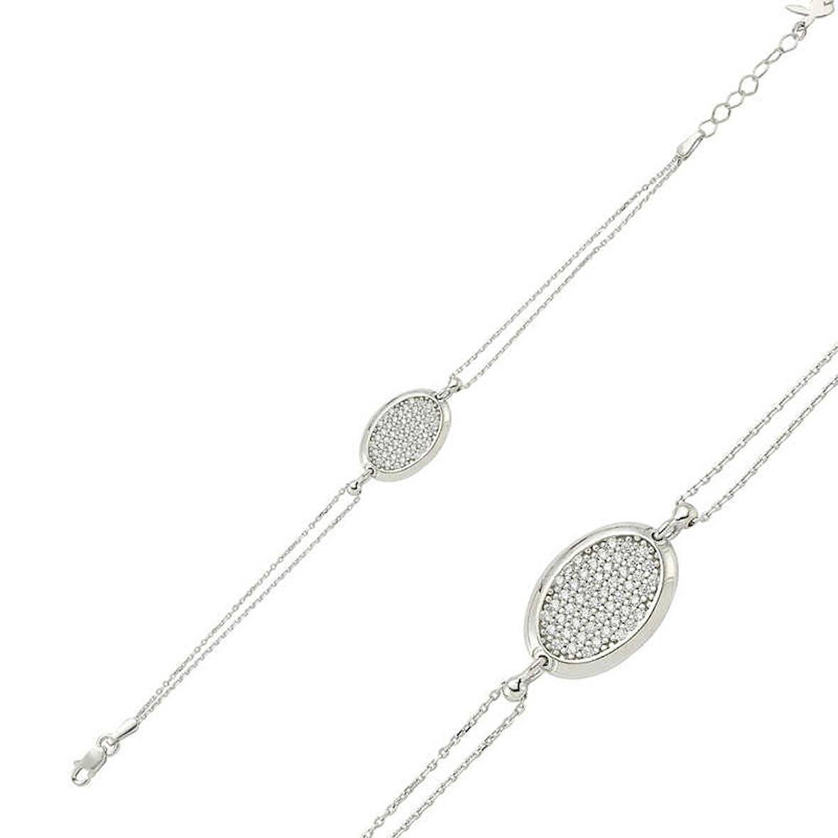 BlackCraft 925 Ayar Gümüş Oval Beyaz Taşlı Bileklik (BC-22D1F3)