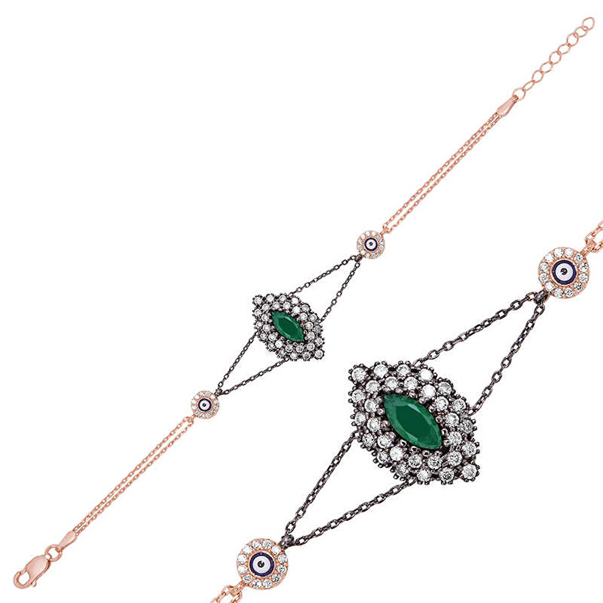 BlackCraft 925 Ayar Gümüş Rose Mat Yeşil Taşlı Otantik Bileklik (BC-4DBDBF)