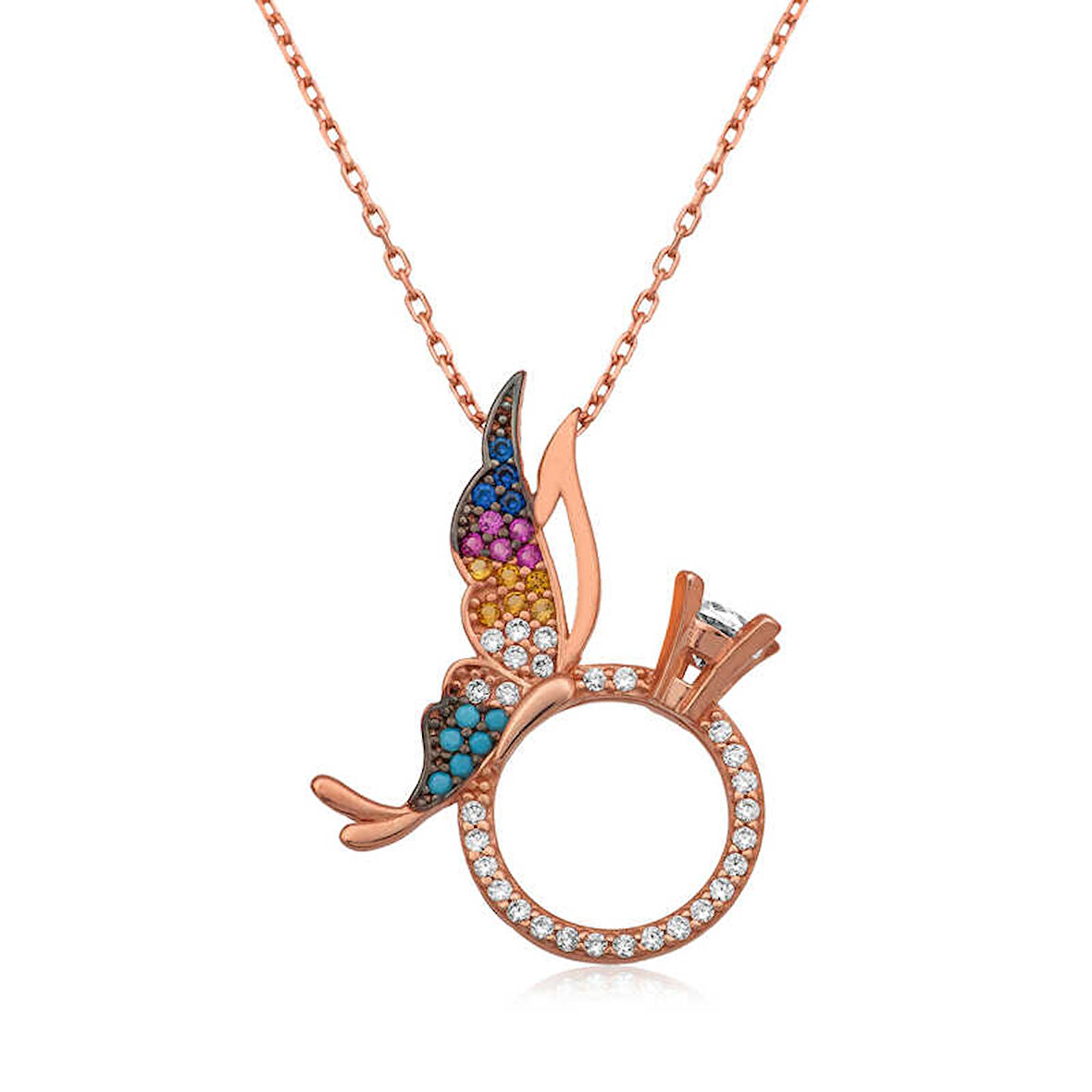 BlackCraft 925 Ayar Gümüş Tek Taş Yüzüklü Kelebek Kadın Gümüş Kolye (BC-DEFA58)