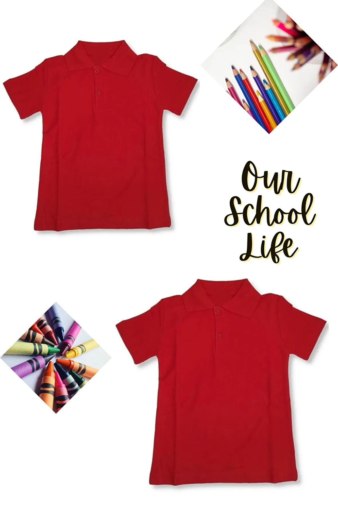 Kız Erkek Çocuk Unisex Polo Yaka 2 Adet  Kırmızı t-shirt , Okul Tişörtü