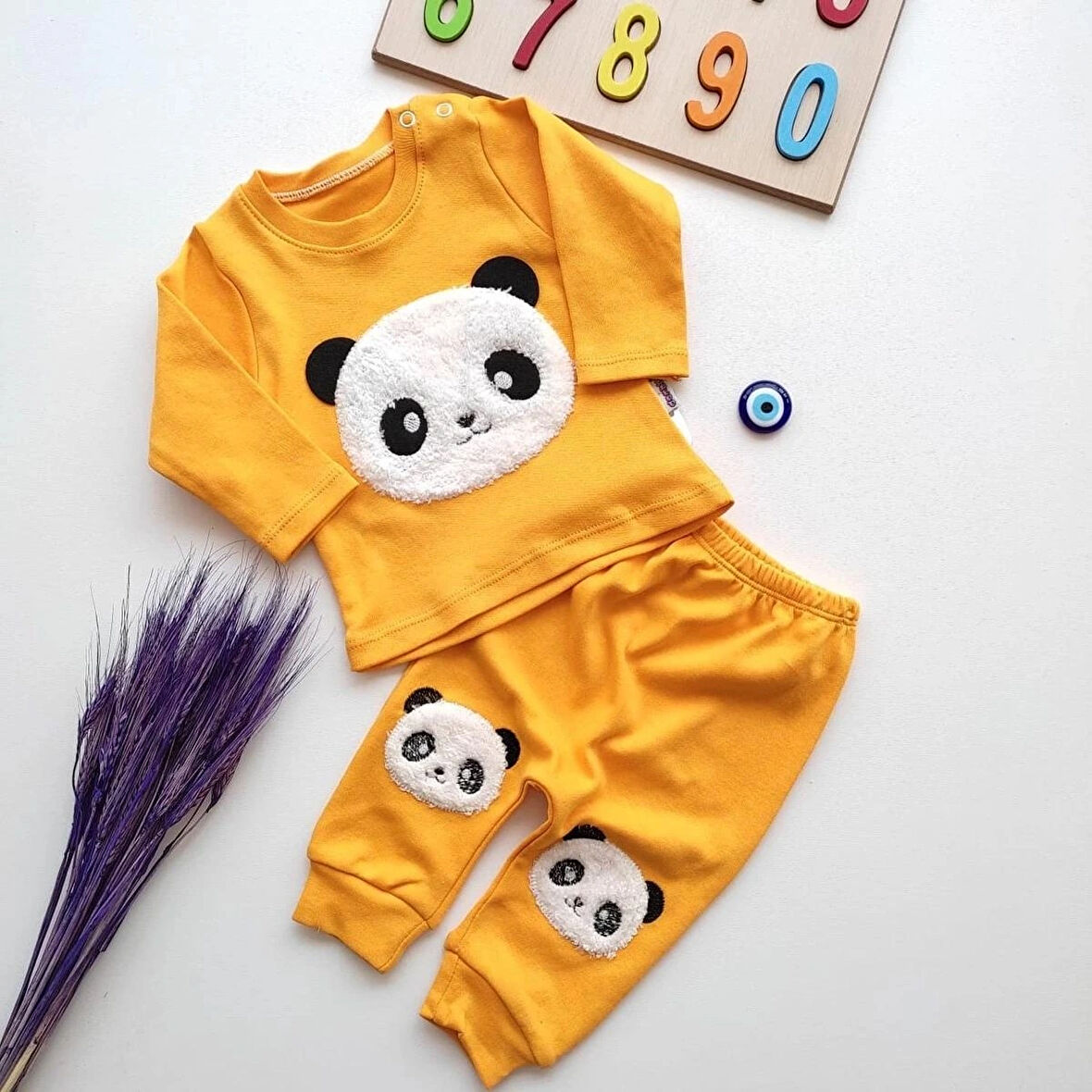 KIZ ERKEK BEBEK SARI PANDA NAKIŞLI ALT ÜST 2'Lİ TAKIM