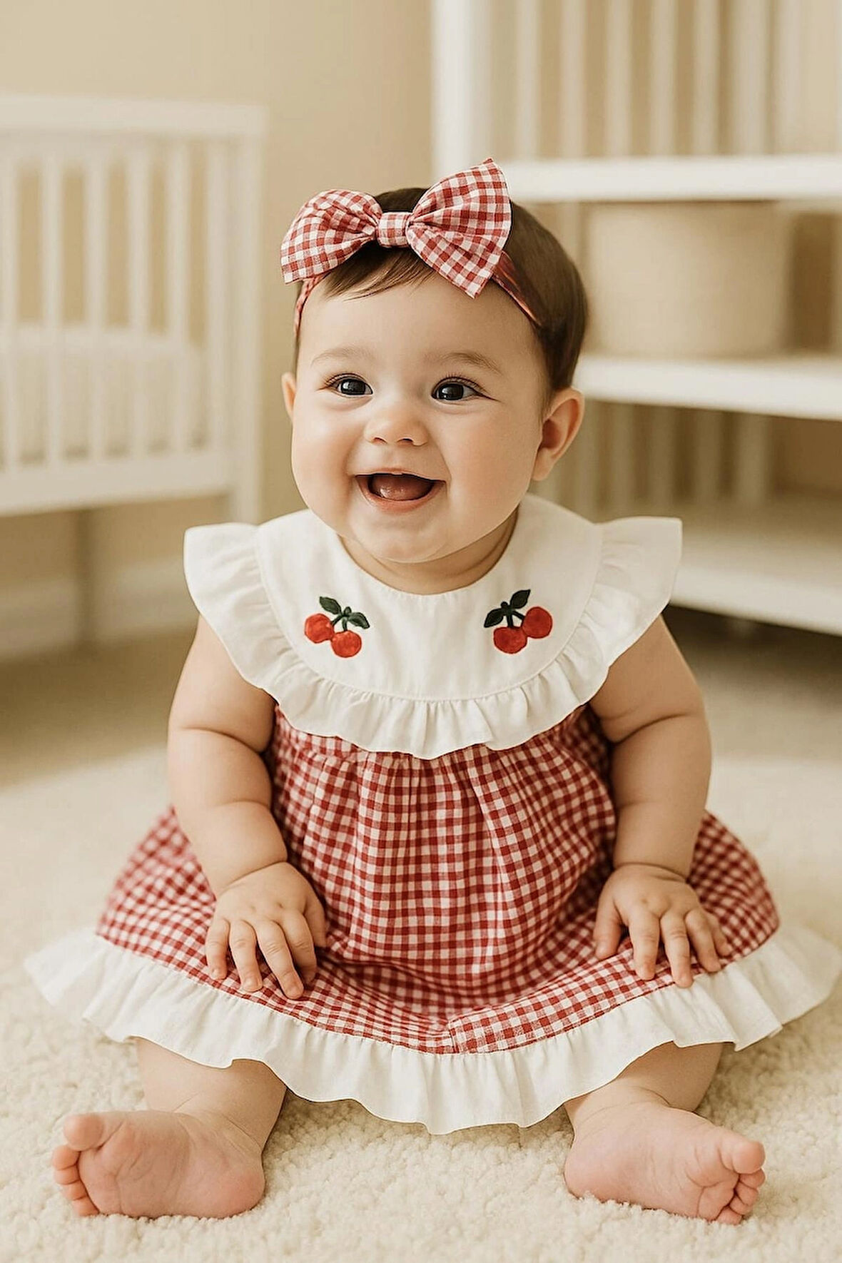 KIZ BEBEK ÇOCUK PÖTİ KARELİ KİRAZ NAKIŞLI SAÇ BANTLI FIRFIRLI ELBİSE