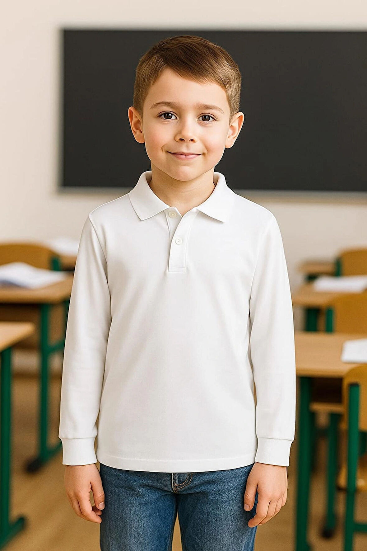 Beyaz Okul T-Shirt , Beyaz Uzun Kollu Polo Yaka Kız Erkek Çocuk Unisex Okul Tişörtü