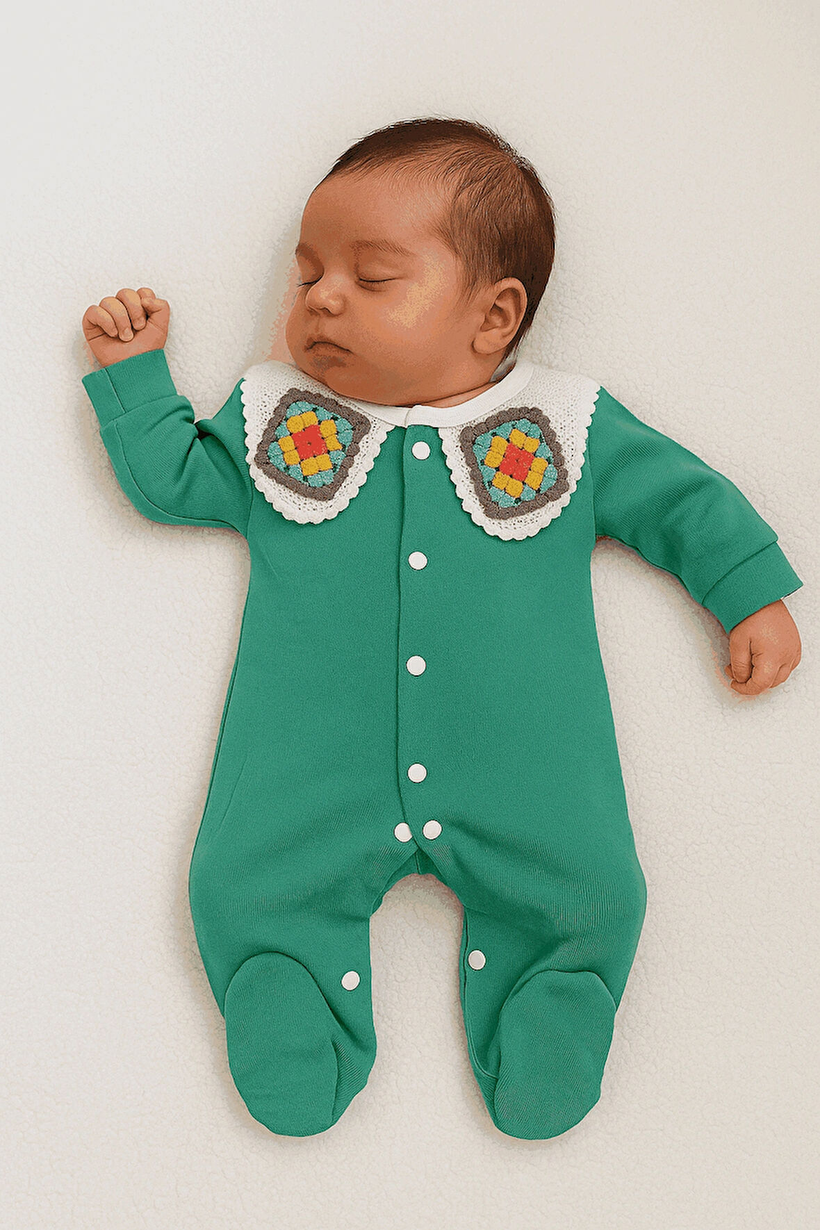 KIZ BEBEK WİNTAGE ÖRGÜ YAKA DETAYLI YEŞİL TULUM ( %100 PAMUK )