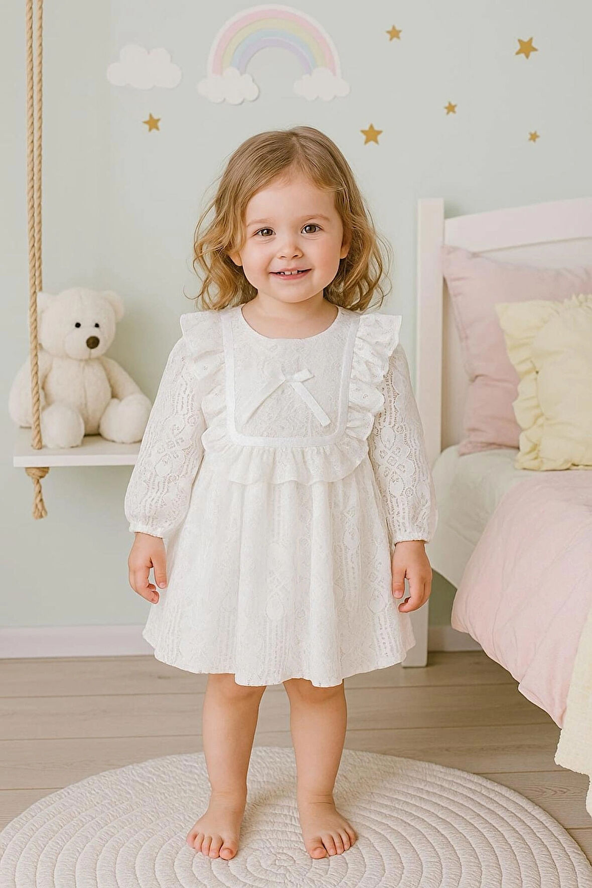 Kız Çocuk, Beyaz Dantel Elbise, Konsept Doğum Günü, Düğün, Bayramlık, Parti Elbisesi