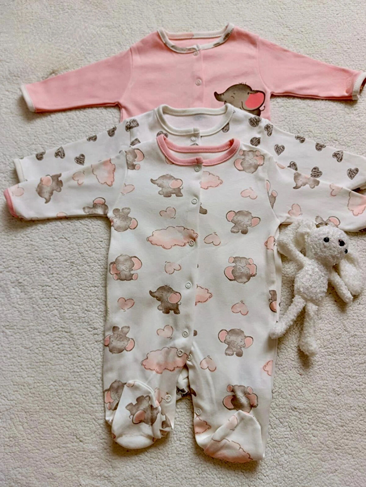 KIZ BEBEK FİLLİ % 100 PAMUK 3 ADET PENYE BOYDAN ÇITÇITLI TULUM SETİ , DOĞUM HEDİYELİK