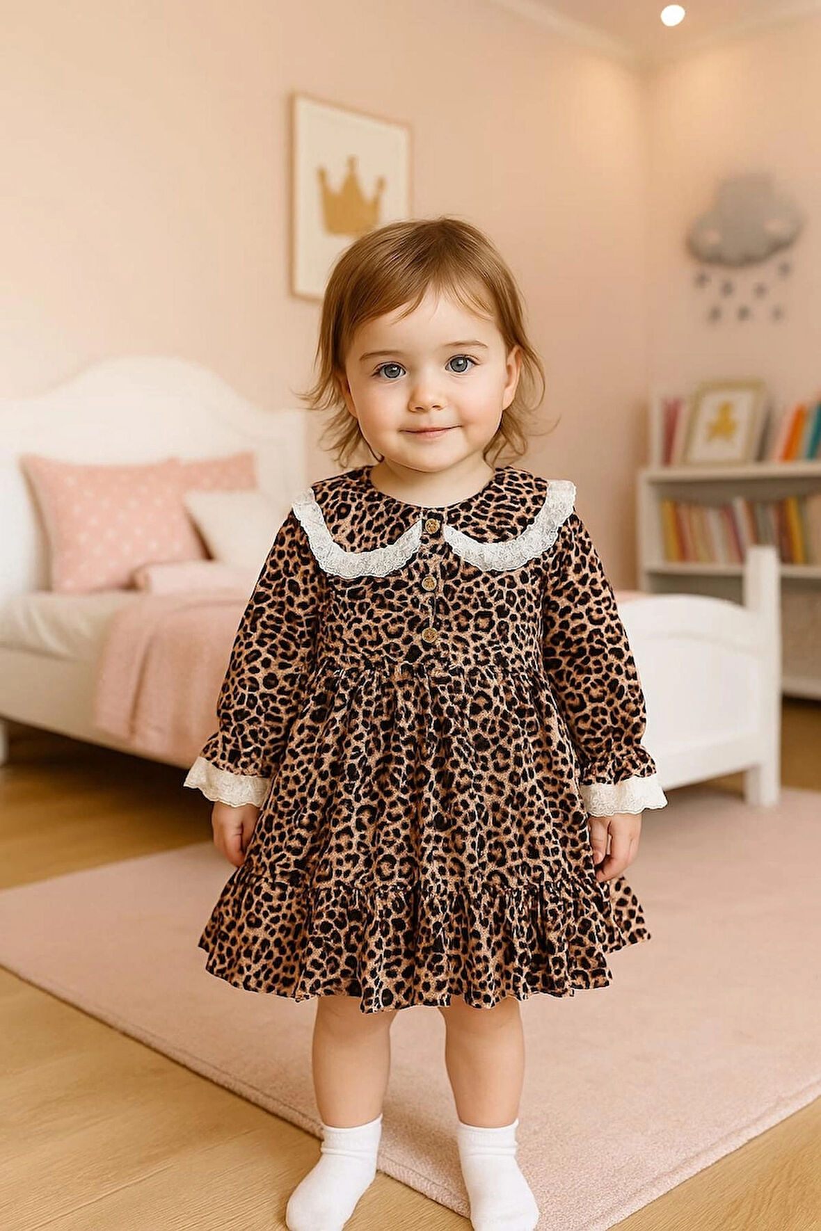 Kız Çocuk Leopar Bebe Yaka Fisto Detaylı Doğum Günü, Konsept , Özel Gün, Bayramlık Elbise
