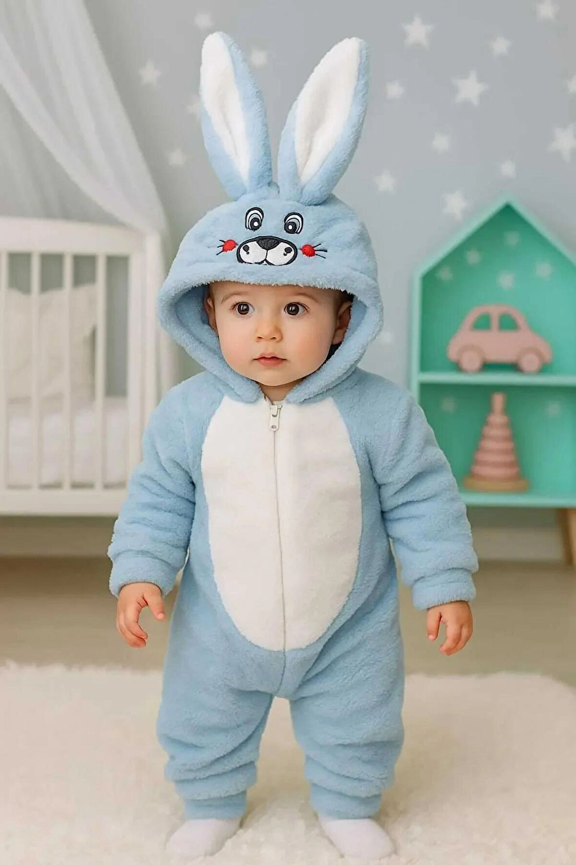 Erkek Çocuk Welsoft Peluş Mavi Tavşan Kulaklı Kostüm Kışlık Tulum Uyku Tulumu