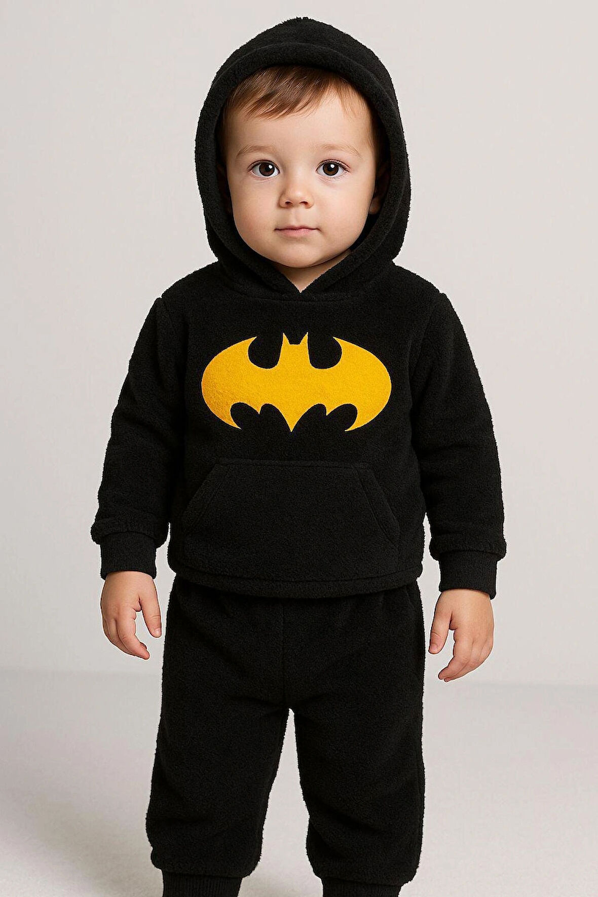 ERKEK ÇOCUK KAPÜŞONLU WELSOFT PELUŞ SİYAH PİJAMA TAKIMI