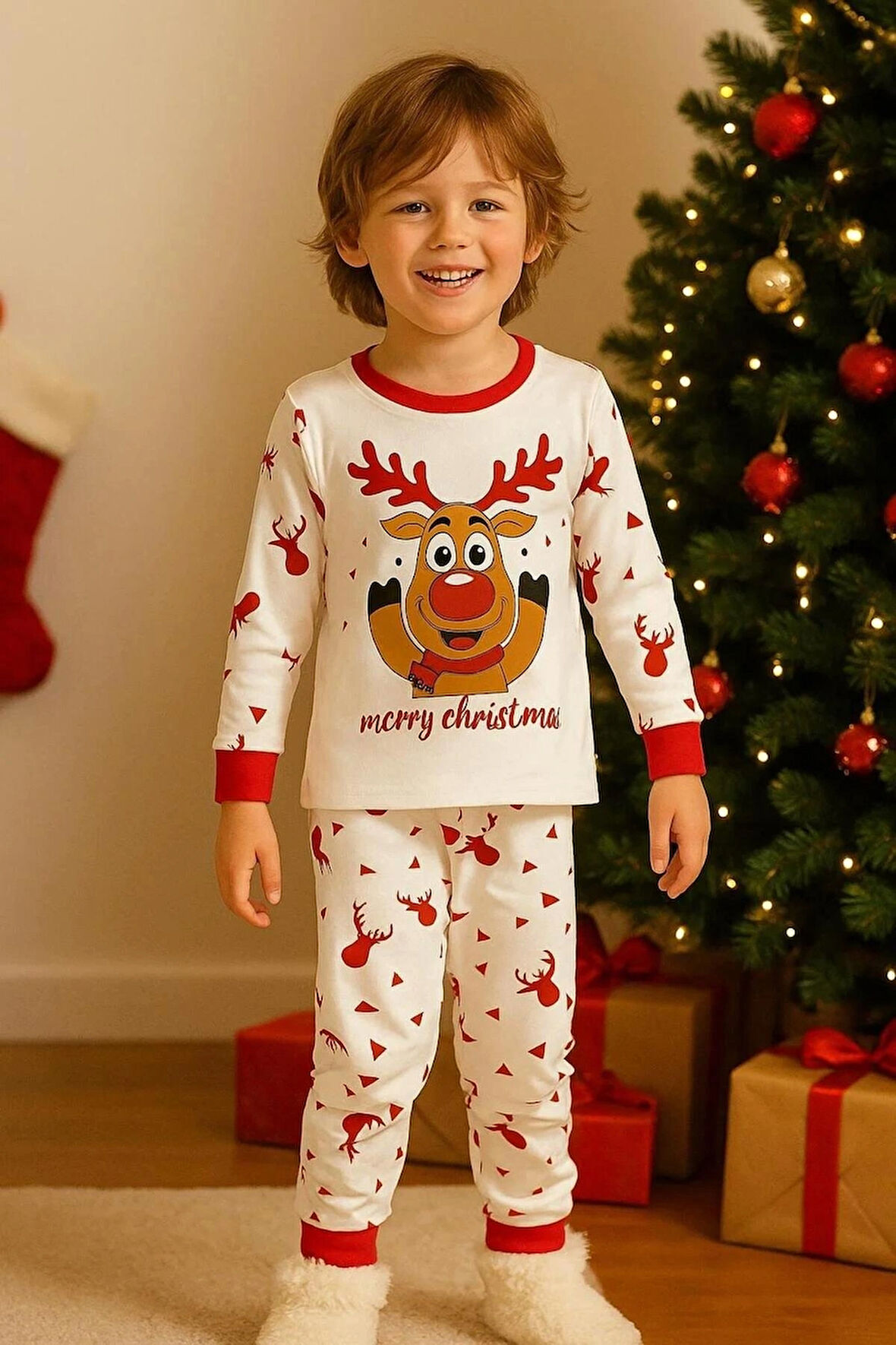 KIZ ERKEK ÇOCUK MERRY CHRISTMAS , YILBAŞI TEMALI PİJAMA TAKIMI ( % 100 PAMUK )