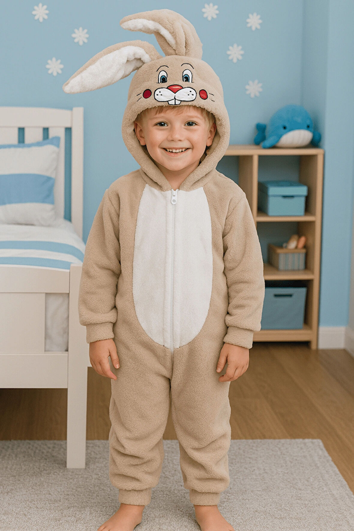 Welsoft Peluş Kapüşonlu Tavşan Nakışlı Çocuk Uyku Tulumu , BEJ TAVŞAN TULUM