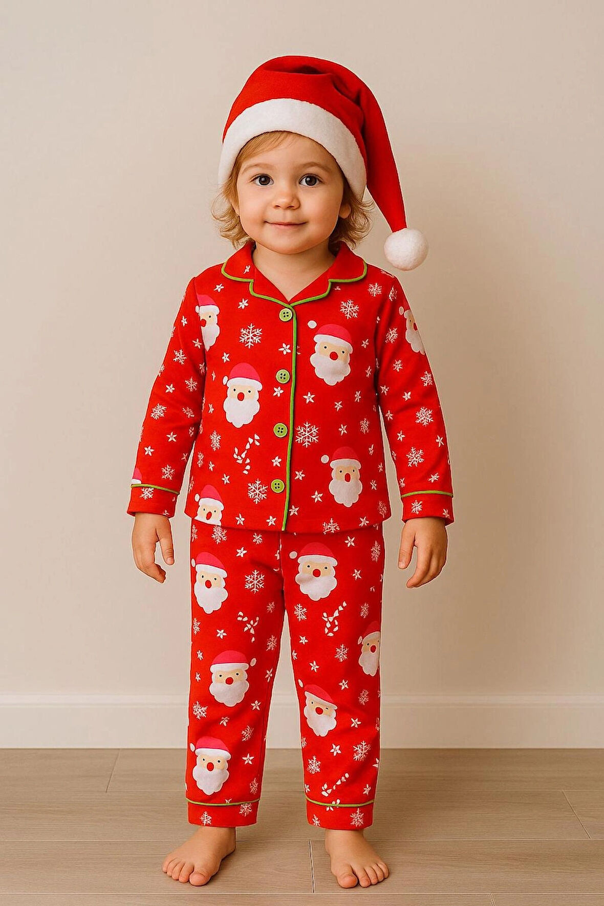 NOEL BABA KAR TANESİ DESENLİ YILBAŞI TEMALI 3 PARÇA PENYE ÇOCUK PİJAMA TAKIMI