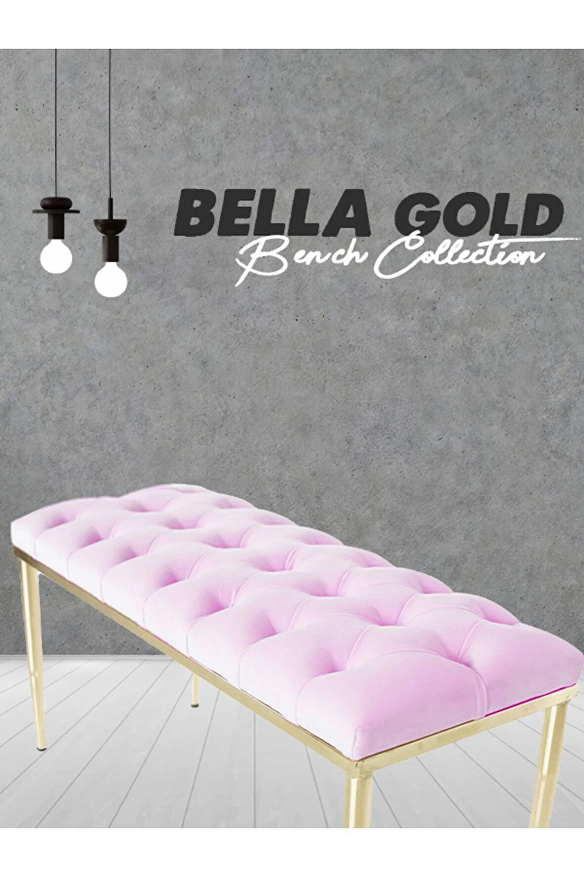 Bella Gold Bench Kapitoneli Chester Model Pembe Puf