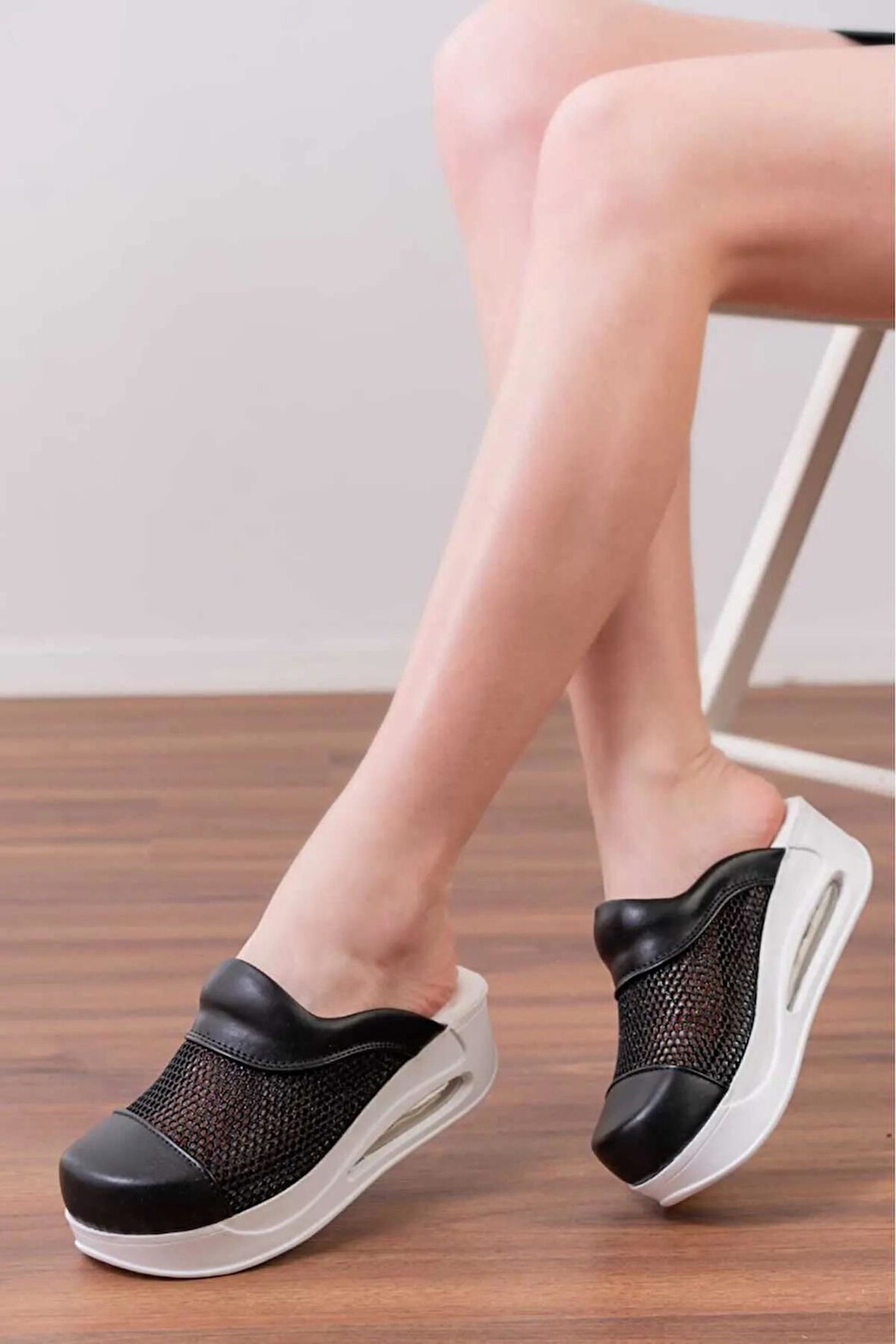 Tasarım Siyah File Air Max Taban Kadın Tam Ortopedik Blum Sabo Terlik 