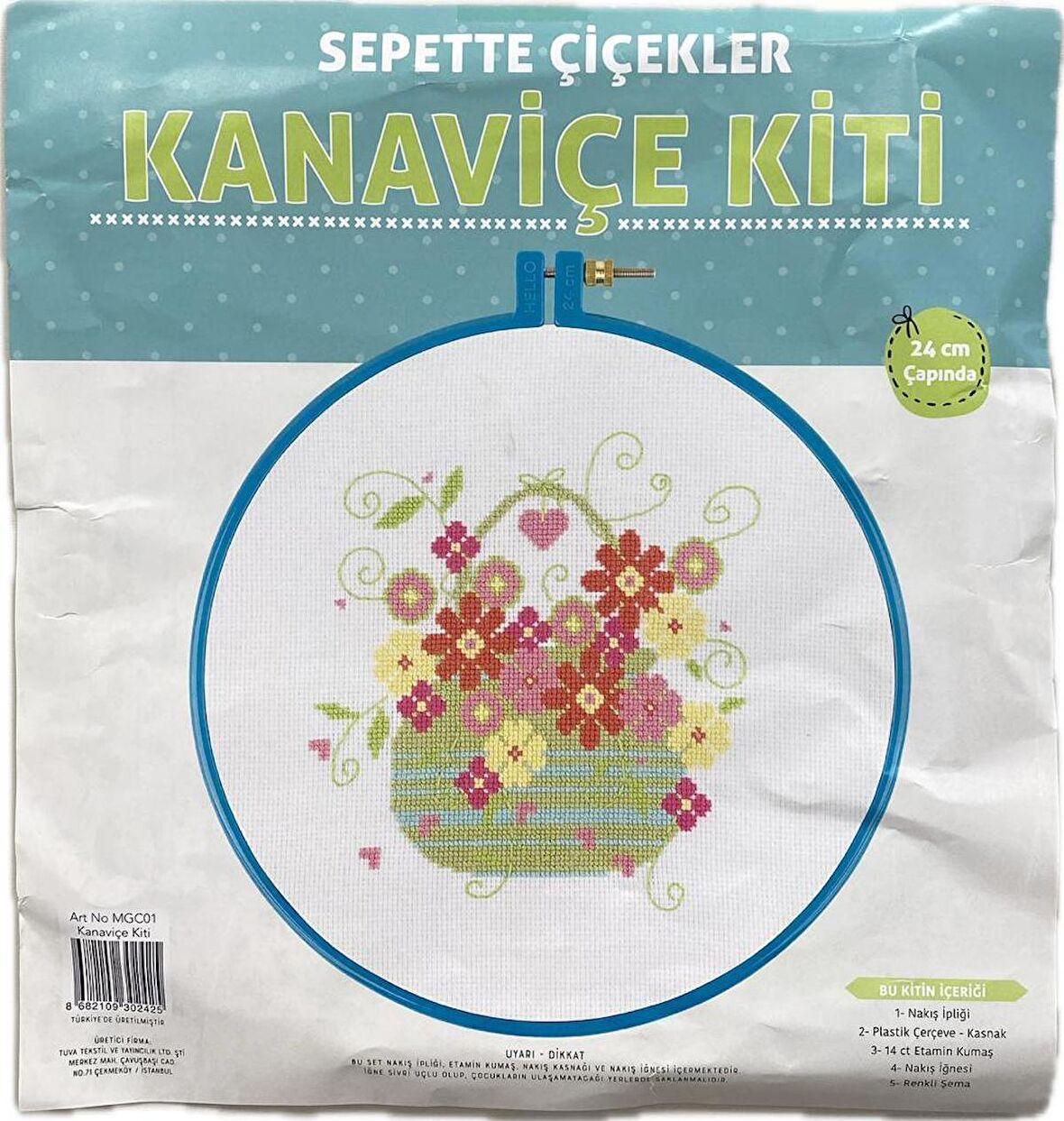 Kanaviçe Kit Nakış Seti SEPETTE ÇİÇEKLER Plastik Kasnaklı 24Cm