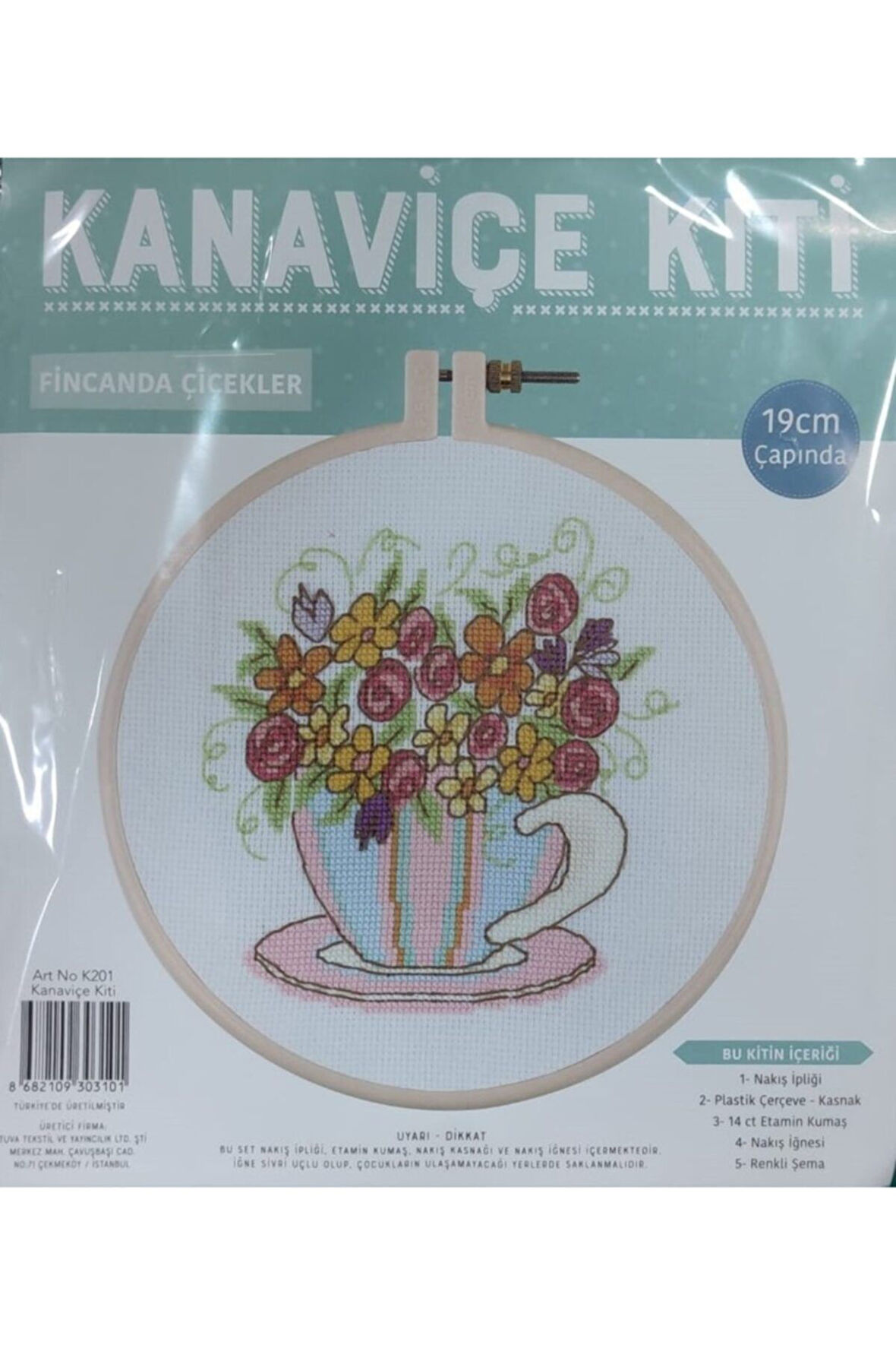 Kanaviçe Kit Fincanda Çiçekler 19 Cm Pembe Kasnak