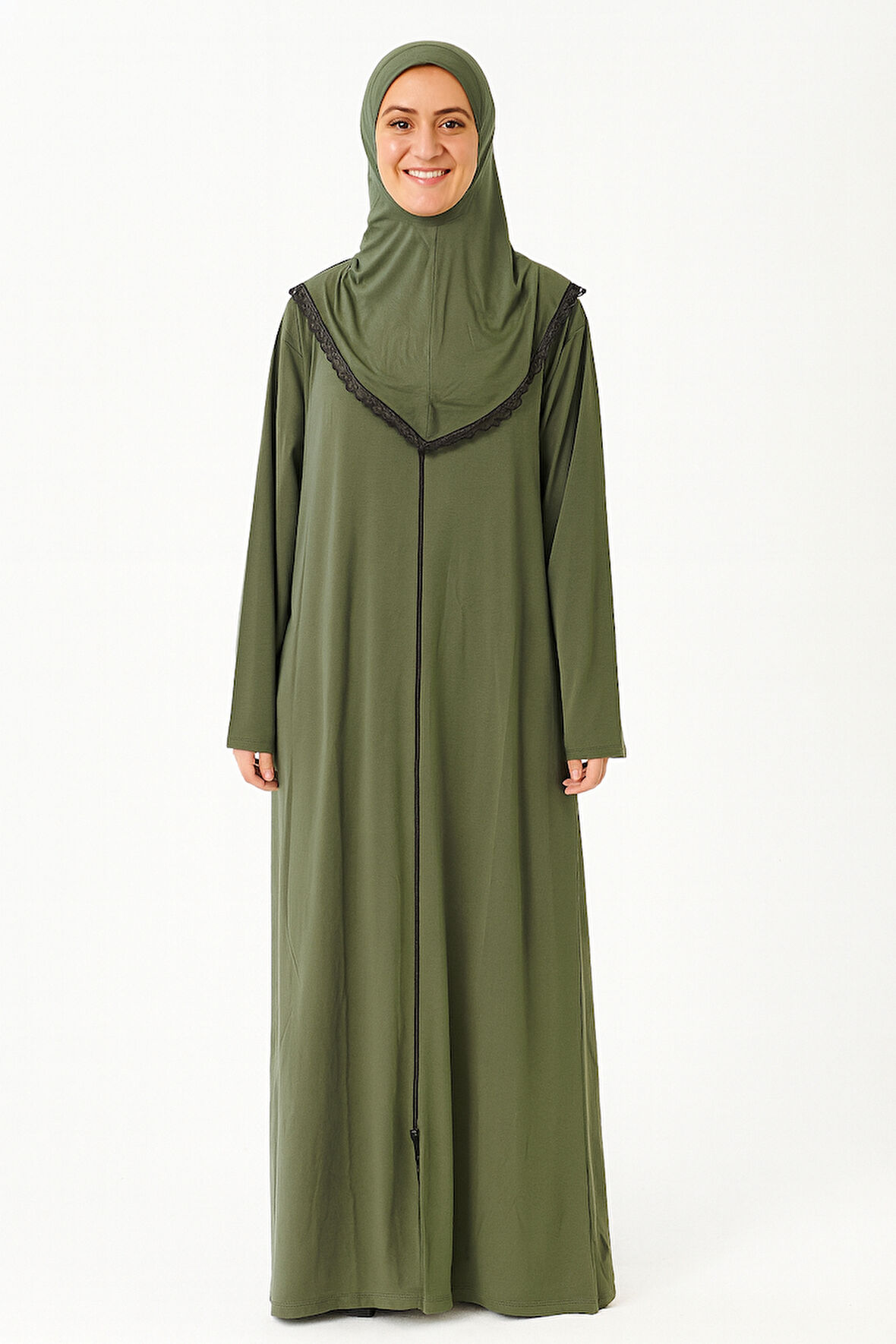 Kendinden Örtülü Fermuarlı Namaz Elbisesi – Yeşil