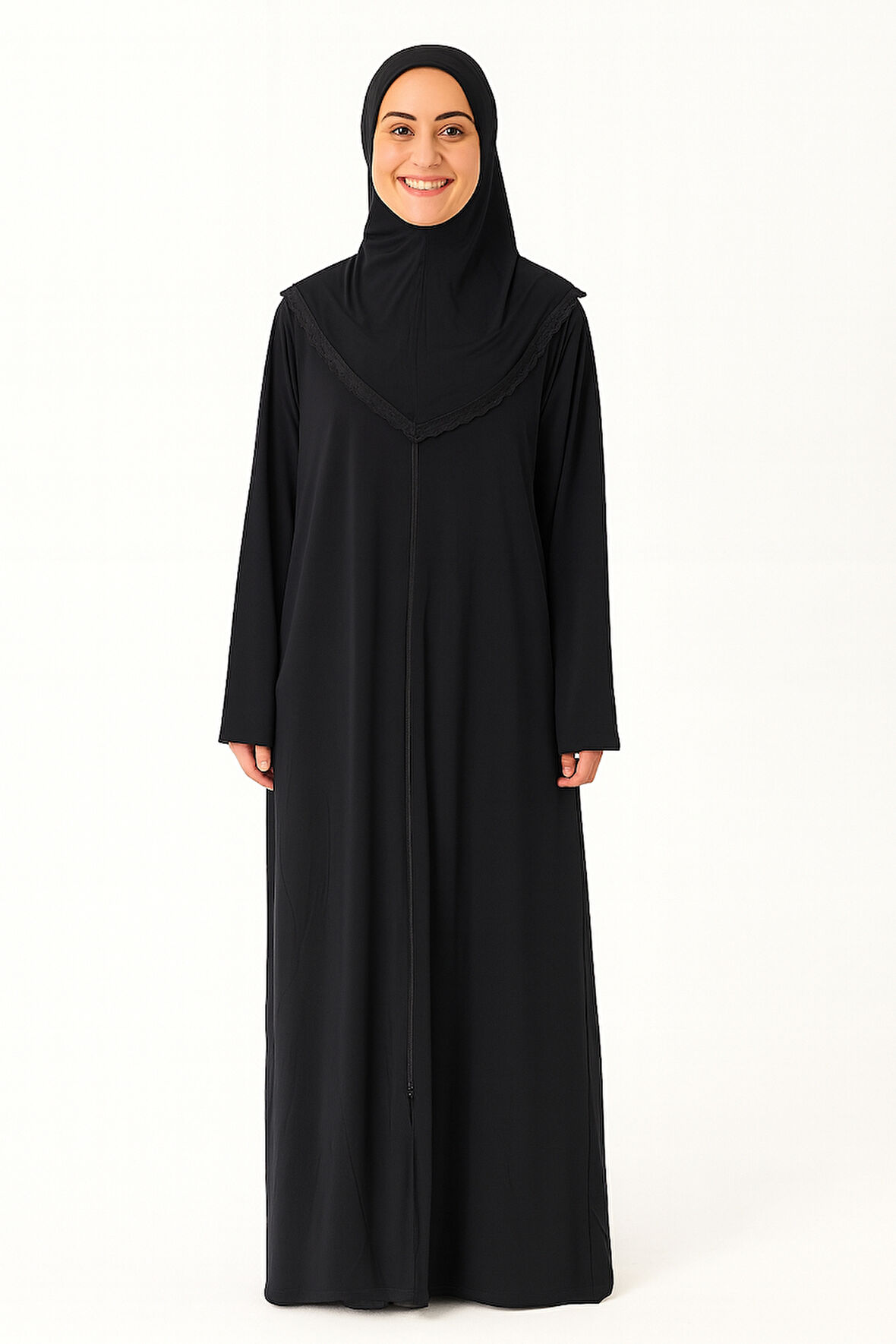 Kendinden Örtülü Fermuarlı Namaz Elbisesi – Siyah