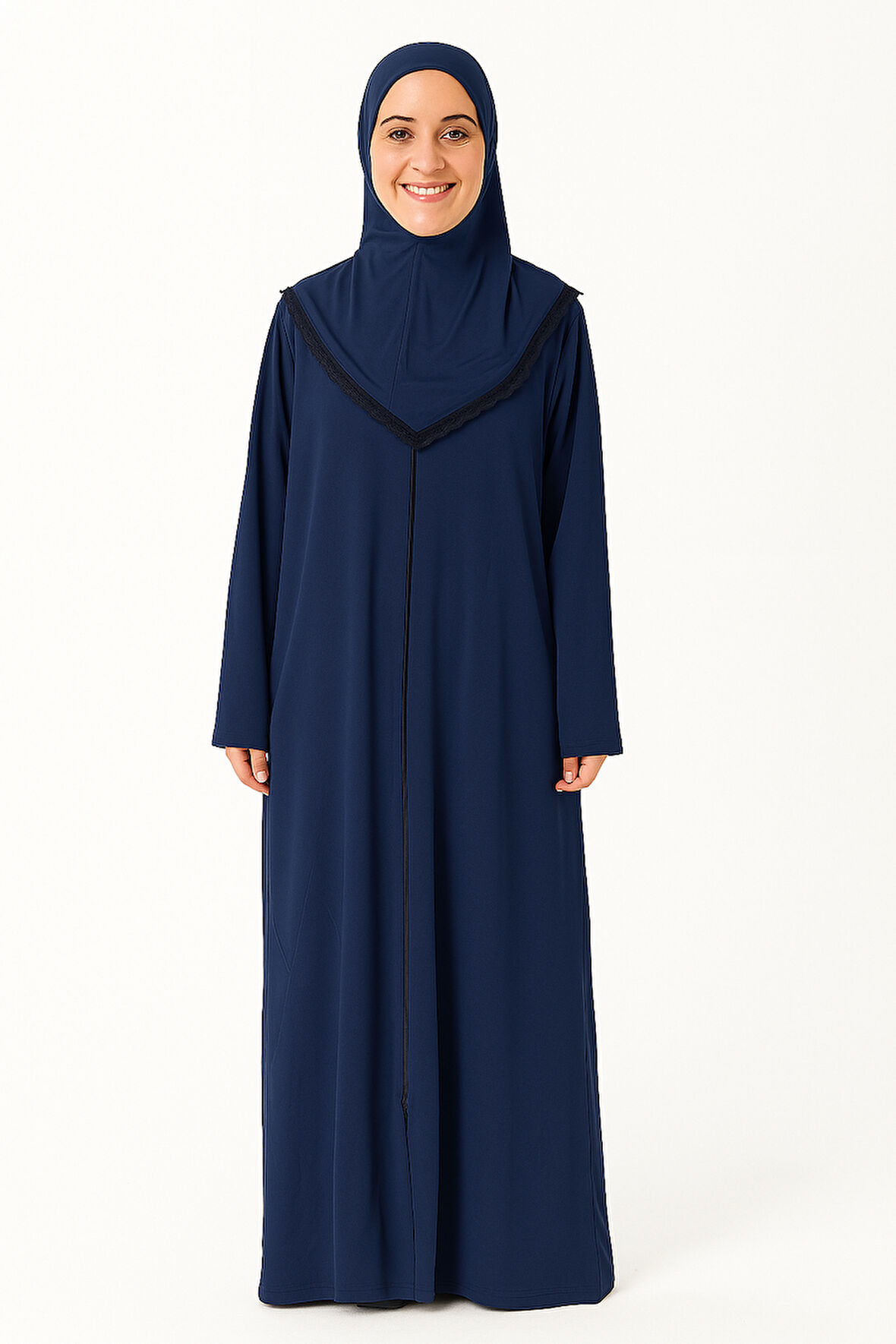 Kendinden Örtülü Fermuarlı Namaz Elbisesi – Lacivert
