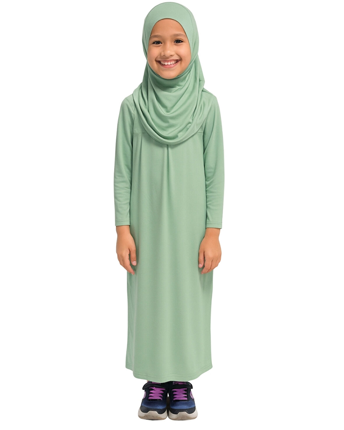 Penye Kendinden Başörtülü Çocuk Namaz Elbisesi Açık Yeşil/ 6-7-8 yaş