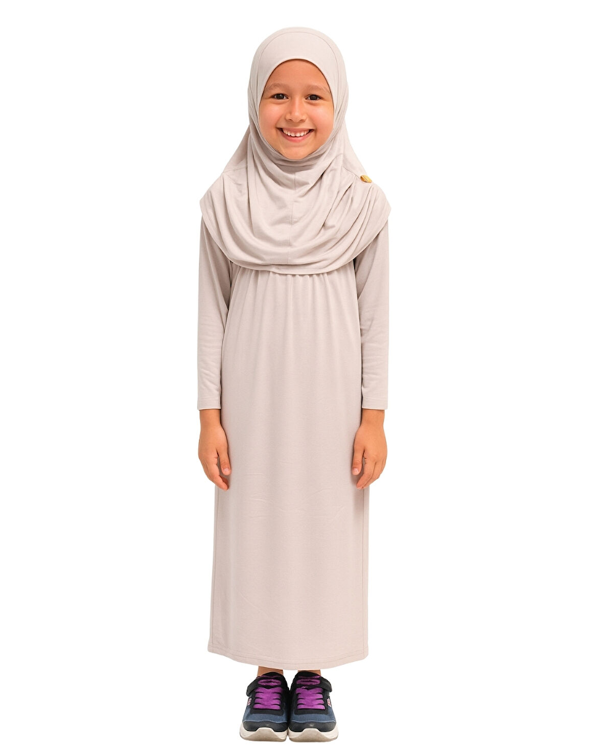 Penye Kendinden Başörtülü Çocuk Namaz Elbisesi Krem/ 6-7-8 yaş