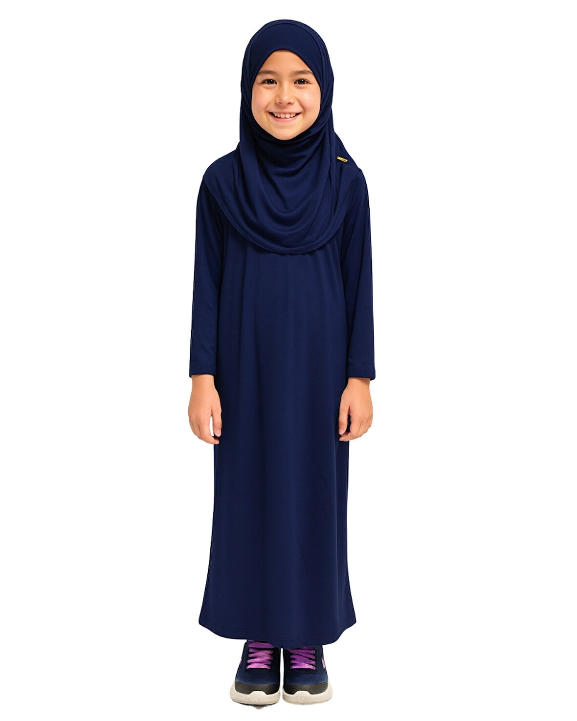 Penye Kendinden Başörtülü Çocuk Namaz Elbisesi Lacivert/ 6-7-8 yaş