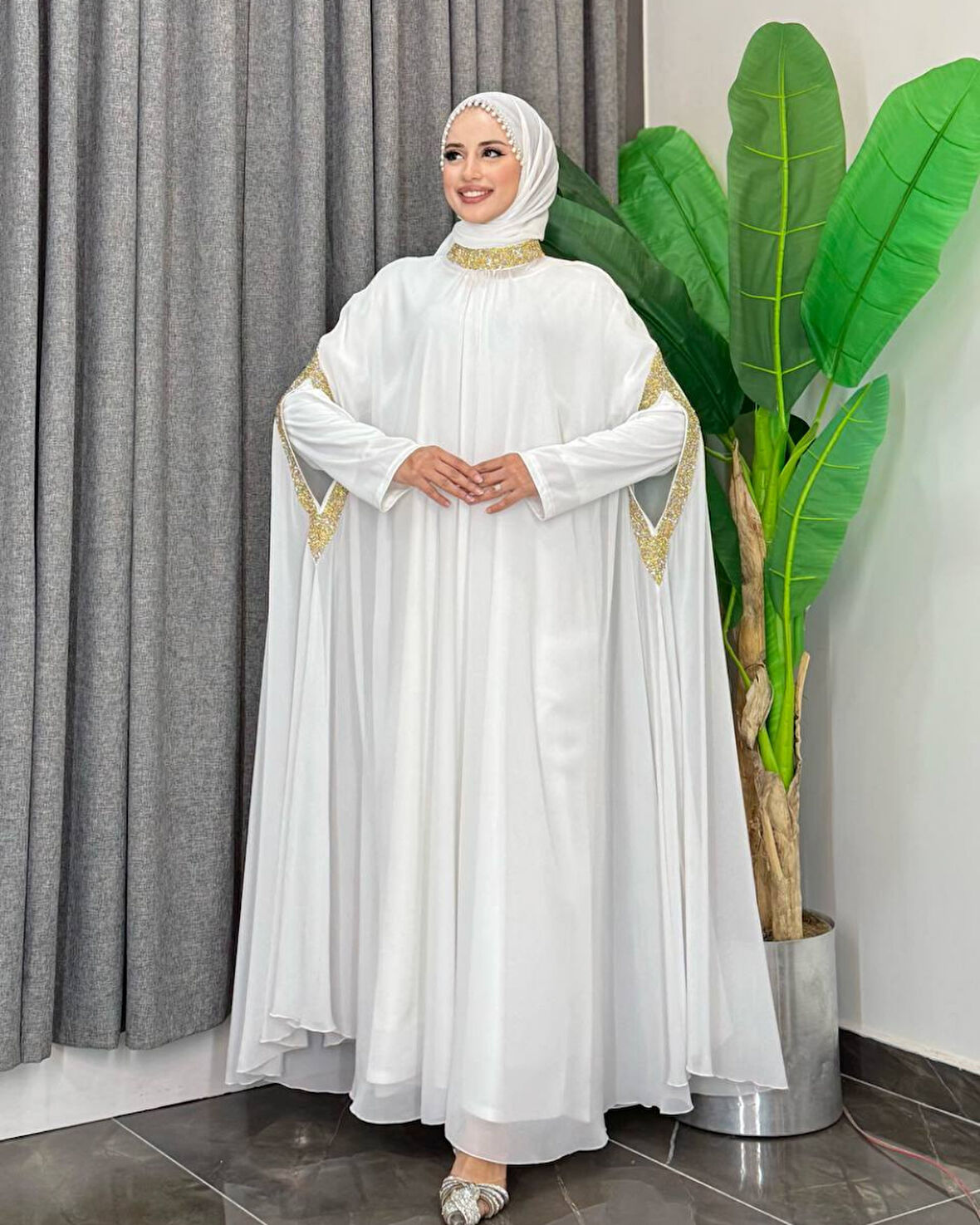 Taş İşleme Detaylı Pelerinli Elbise Takımı 2 Parça