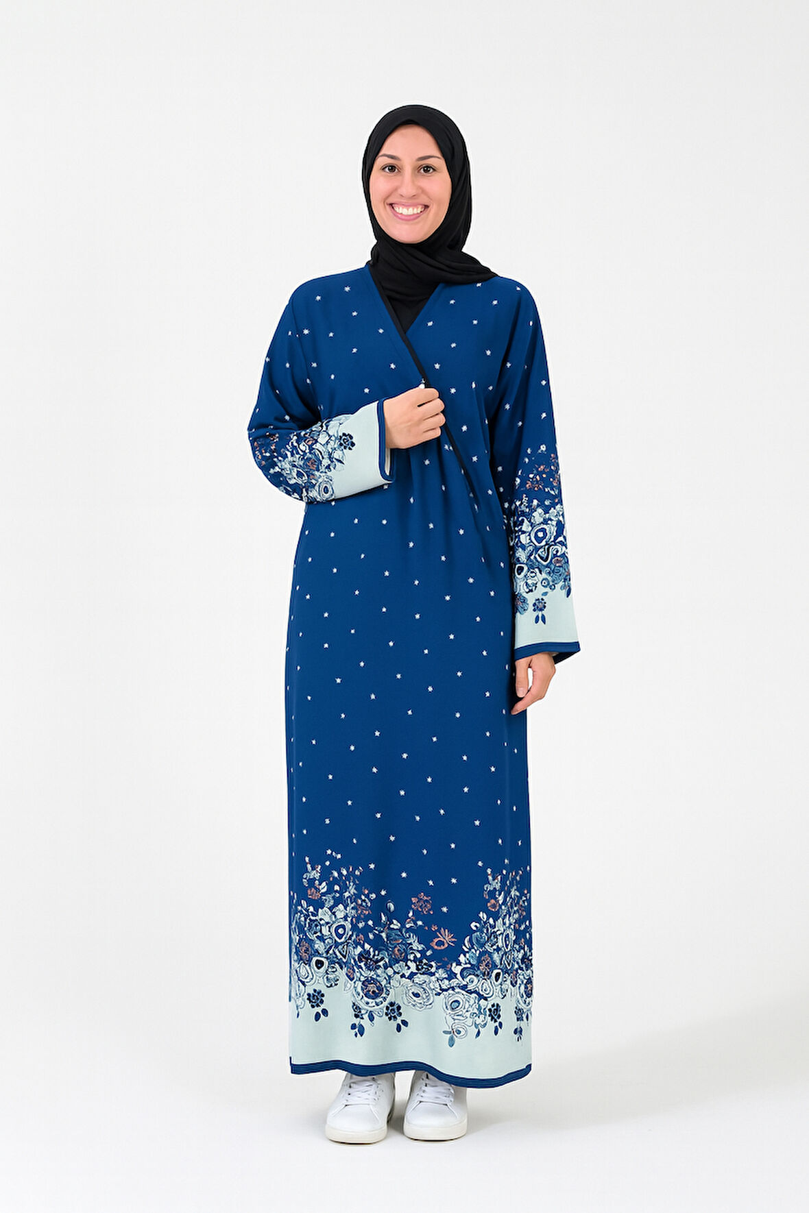 Noktalı Çiçek Desen Kruvaze Namaz Elbisesi – %100 Viskon, Yandan Bağlamalı, Rahat Kalıp 36-46 Beden