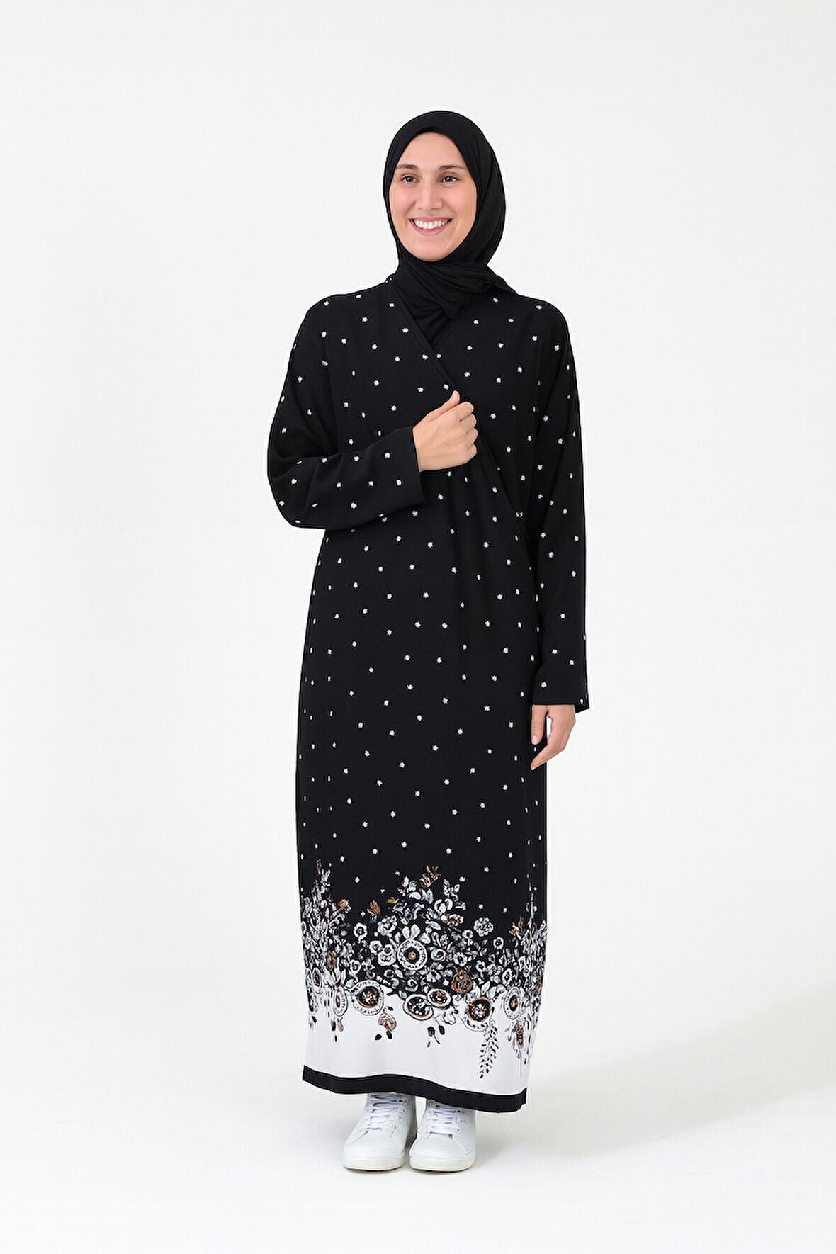 Noktalı Çiçek Desen Kruvaze Namaz Elbisesi – %100 Viskon, Yandan Bağlamalı, Rahat Kalıp 36-46 Beden