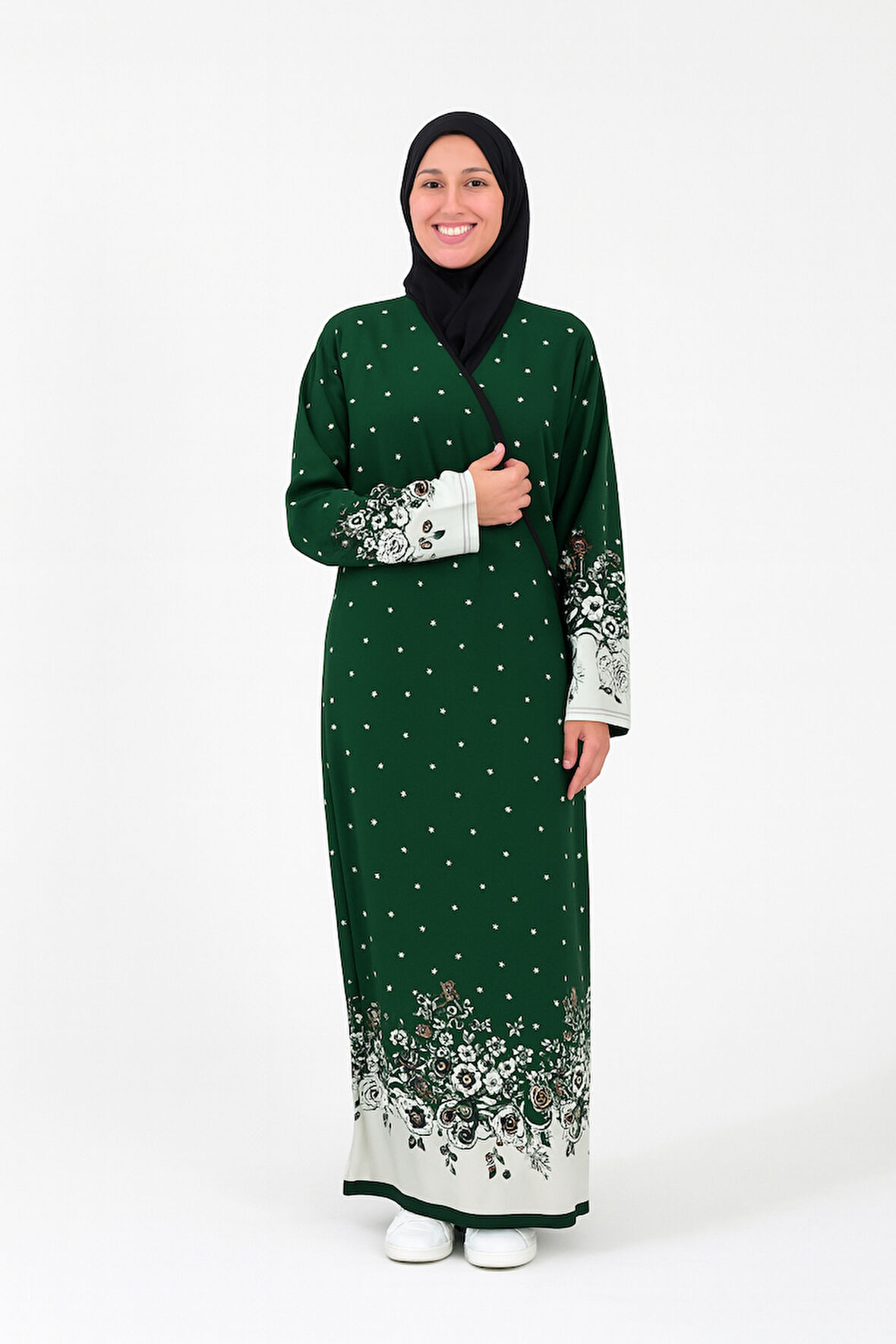 Noktalı Çiçek Desen Kruvaze Namaz Elbisesi – %100 Viskon, Yandan Bağlamalı, Rahat Kalıp 36-46 Beden