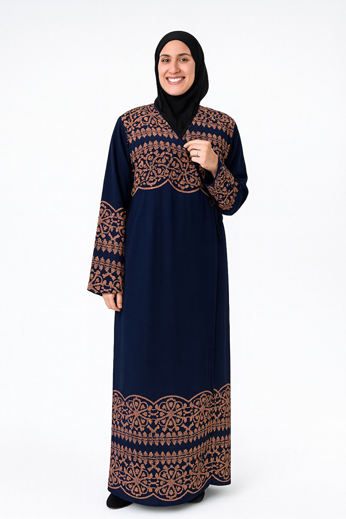 Geometrik Desenli Kruvaze Namaz Elbisesi – Yandan Bağlamalı, Rahat Kalıp 36–46 Beden