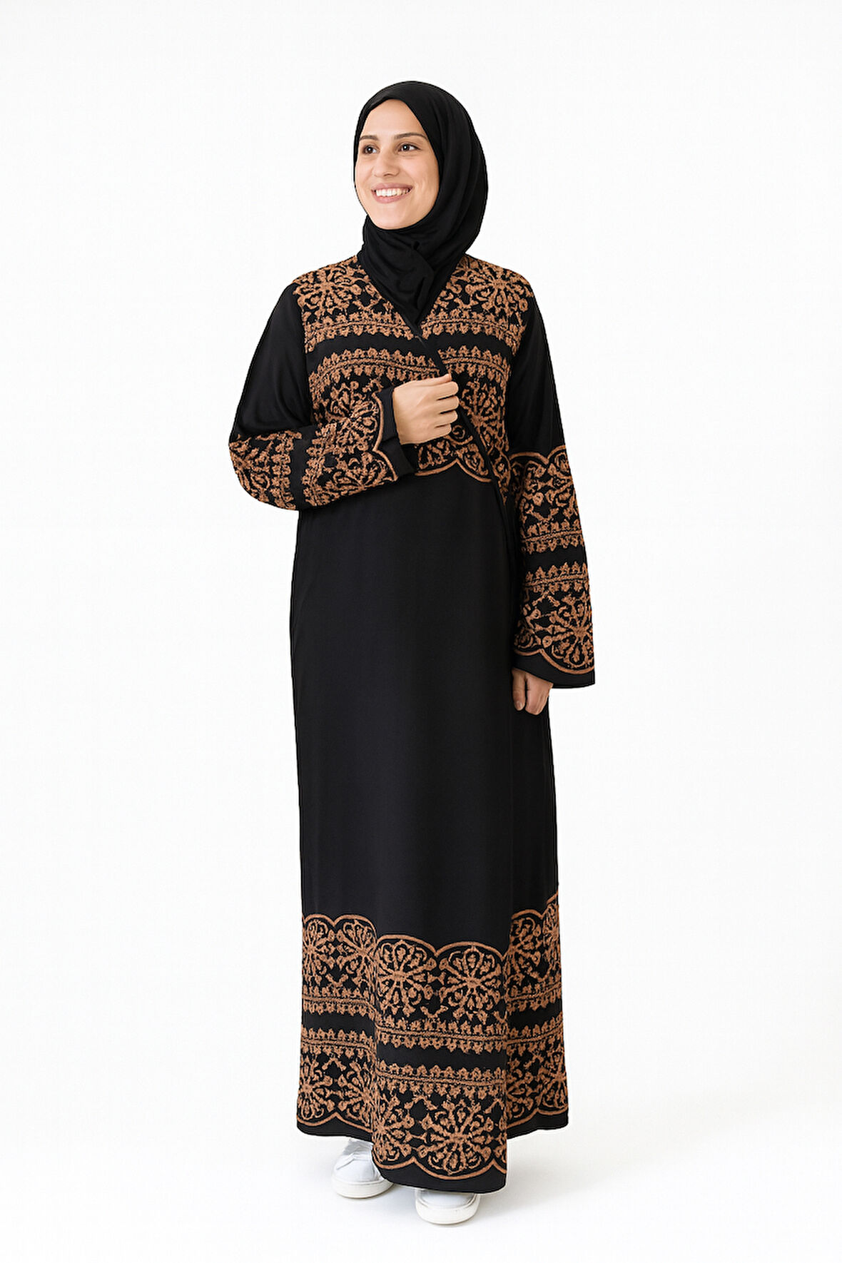 Geometrik Desenli Kruvaze Namaz Elbisesi – Yandan Bağlamalı, Rahat Kalıp 36–46 Beden